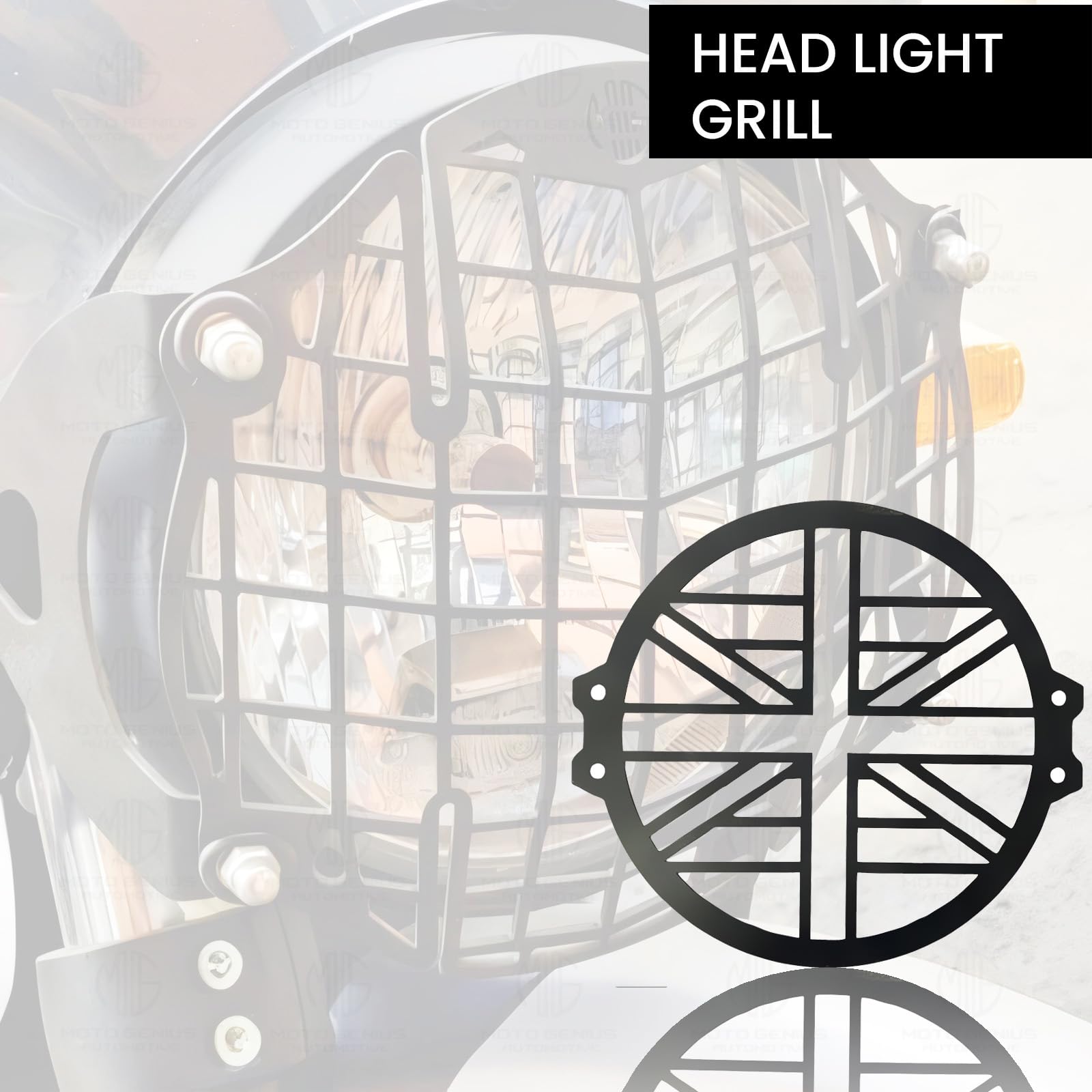 MOTO GENIUS Front Headlight Grill Guard for RE Super Meteor 650 | Durable Metal Protective Head Light Frame Protector (Plus Design)