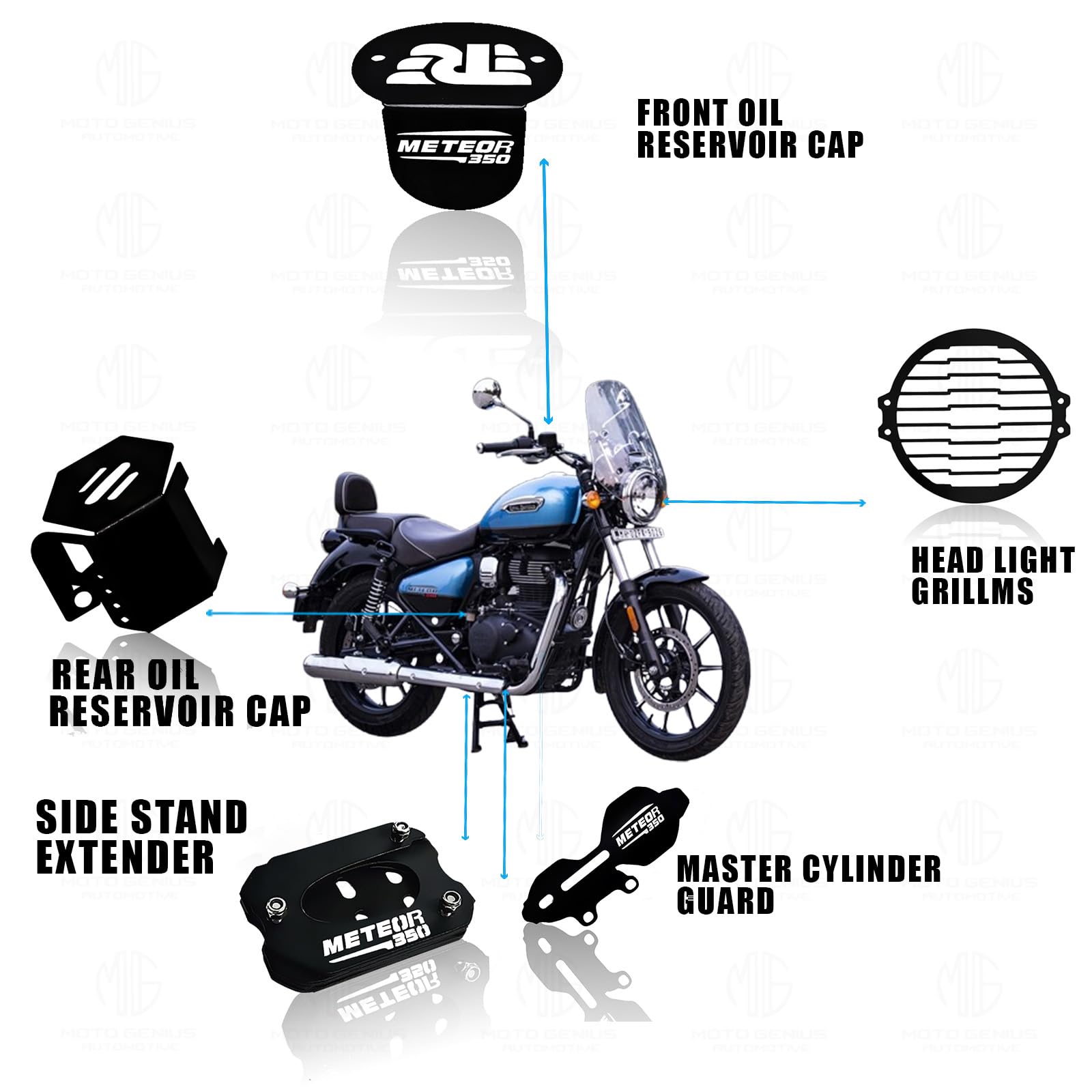 MOTO GENIUS Meteor 350 Motorbike Accessories Kit | Metal Line Shape Headlight Grill, Cylinder Guard, Side Stand Extender & Oil Reservoir Caps for RE Meteor 350 | Heavy-Duty Metal | Pack of 5