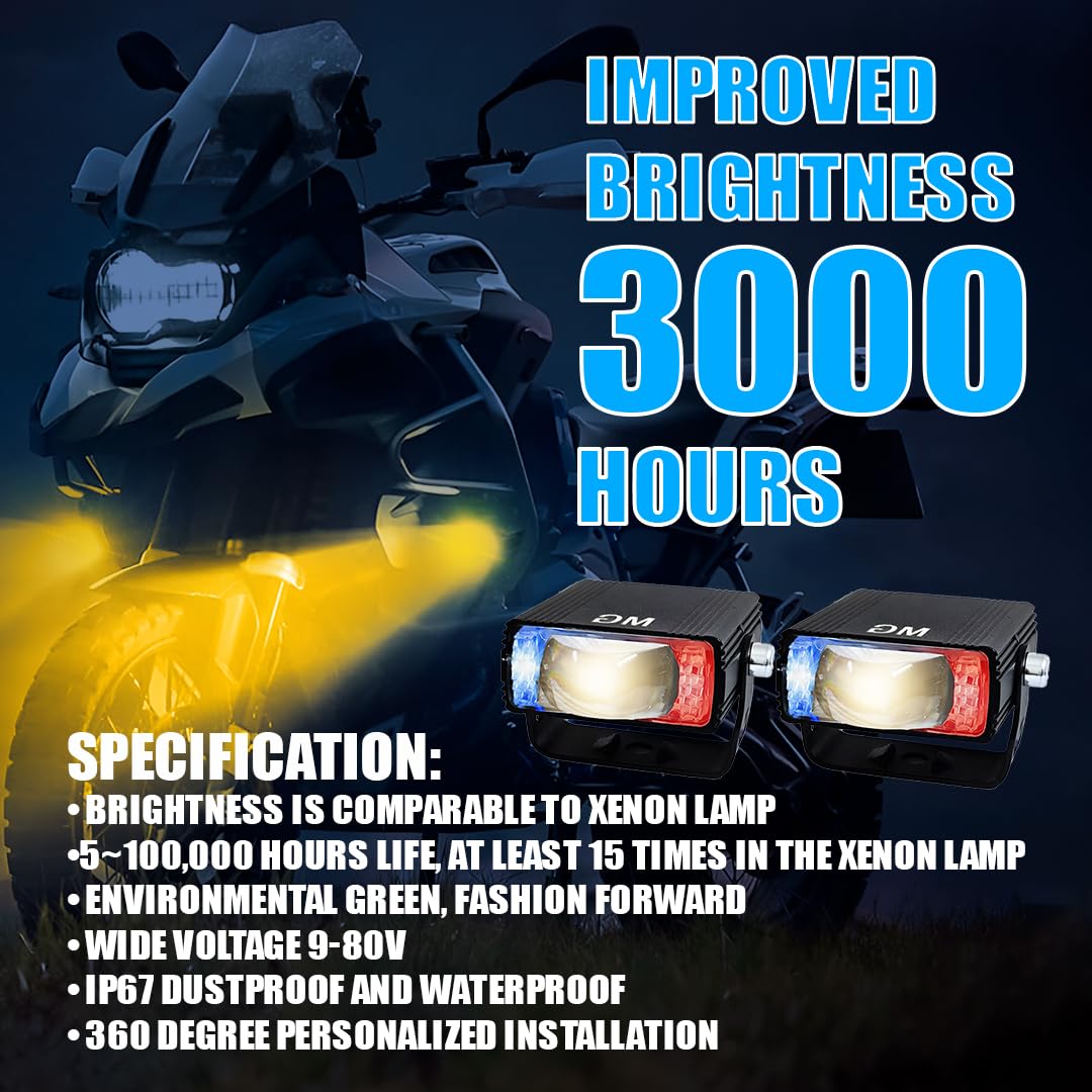 MOTO GENIUS Universal 40W LED Fog Lamp with Switch for Cars and Bikes | Multi-Color Auxiliary Light with White, Yellow, Red Blue and Dual Combo Beams | Waterproof Off-Road Projector Lens Headlight