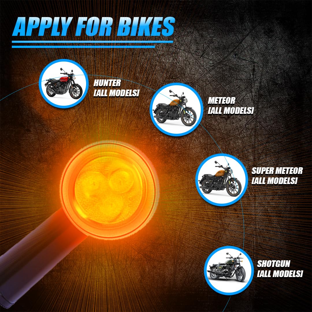 MOTO GENIUS Premium LED Turn Signal Indicators for RE Hunter 350, Meteor 350, Super Meteor 650, Shotgun 650 Motorbike | Waterproof, High-Brightness, Plug & Play (Set of 4)