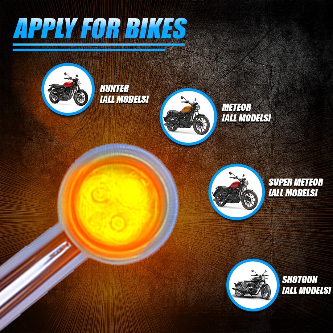 MOTO GENIUS Premium LED Turn Signal Indicators for RE Hunter 350, Meteor 350, Super Meteor 650, Shotgun 650 Motorbike | Waterproof, High-Brightness, Plug & Play (Pack of 4)