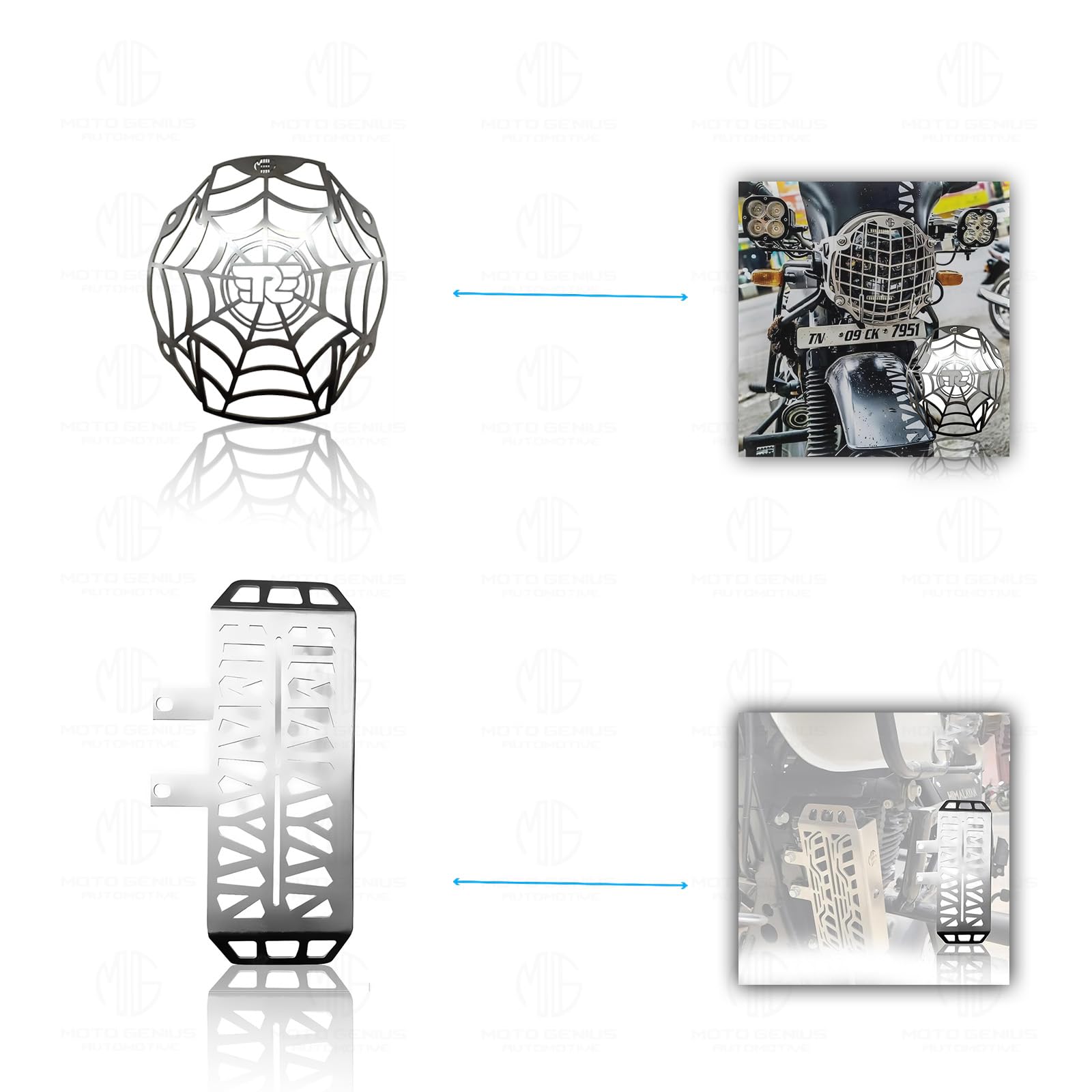 MOTO GENIUS Stainless Steel Accessories Kit for RE Himalayan Motorbike | Radiator Guard, Spider Shape Headlight Grill, Cylinder Guard, Side Stand Extender & Oil Reservoir Caps (Pack of 6)