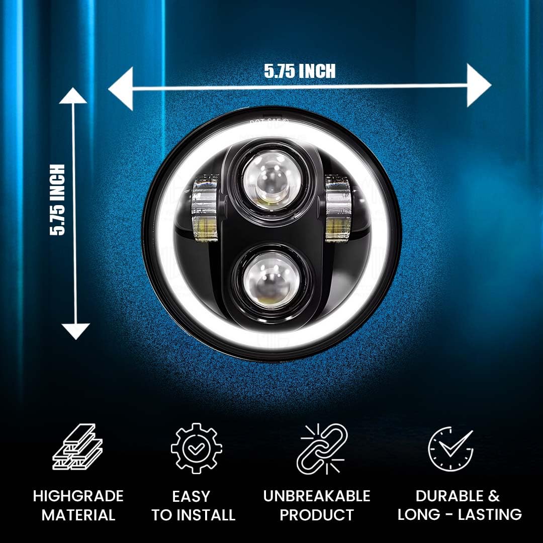 MOTO GENIUS 5.7 Inch LED Round Headlight for Harley Davidson & Bajaj Avenger Motorbike | Acrylic & Aluminum Construction, Waterproof, Luminous Mode