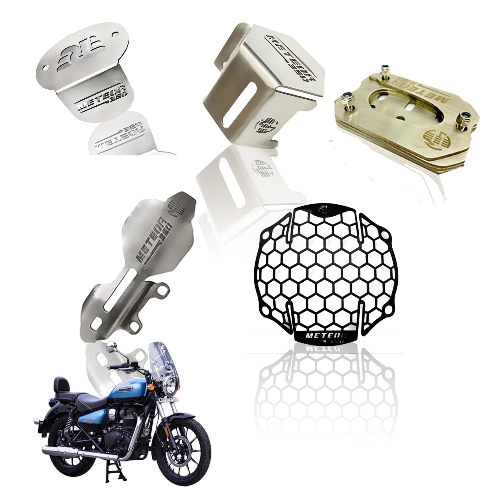 MOTO GENIUS Stainless Steel Meteor 350 Motorbike Accessories Kit | Honey Shape Headlight Grill, Cylinder Guard, Side Stand Extender & Oil Reservoir Caps for RE Meteor 350 | Pack of 5