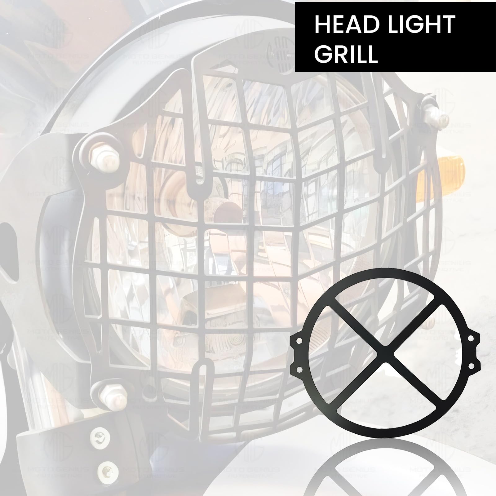 MOTO GENIUS Front Headlight Grill Guard for RE Super Meteor 650 | Durable Metal Protective Head Light Frame Protector (X Design)