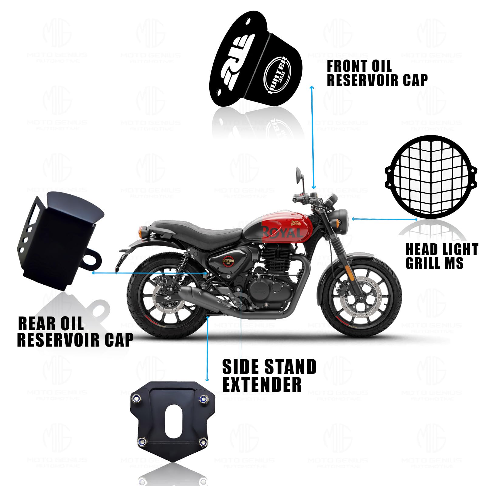 MOTO GENIUS Metal Accessories Kit for RE Hunter Motorbike | Line Shape Headlight Grill, Side Stand Extender, Front & Rear Brake Oil Reservoir Caps | Heavy-Duty Metal | Easy Installation (Pack of 4)