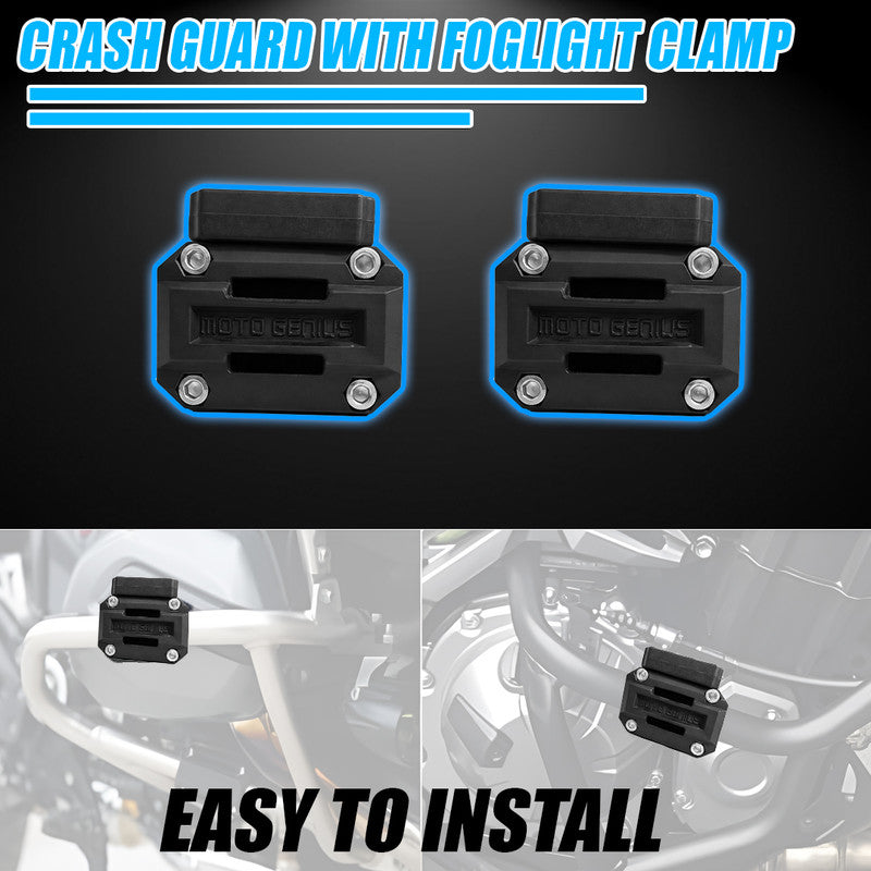 Universal Motorcycle Crash Guard Sliders with Fog Light Clamp Mount | Engine Frame Protector | Auxiliary/Fog Light Bracket Holder | Heavy Duty Bike Safety Guard