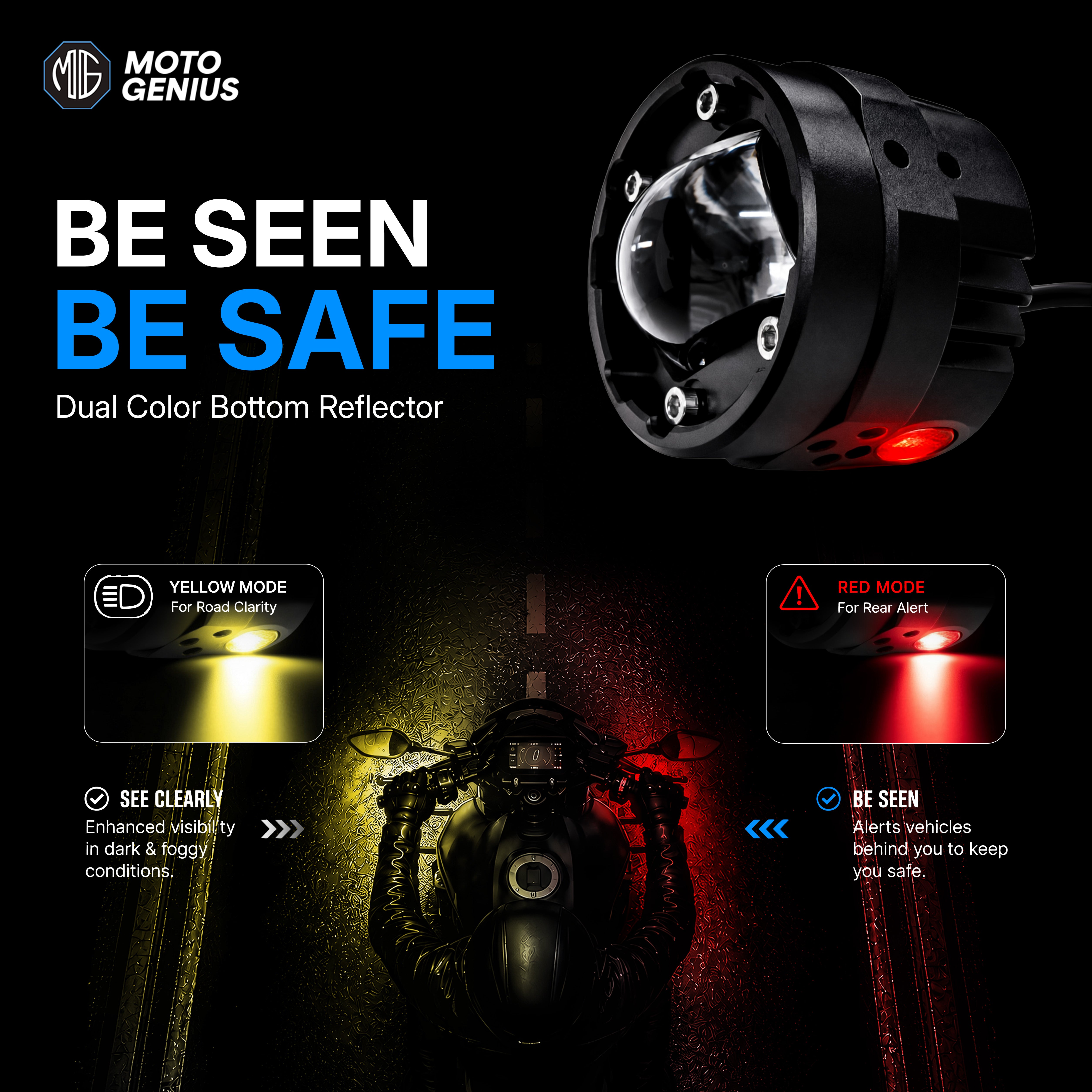 VK G10 80W LED Motorcycle Fog Light with Wiring Harness & Switch, Dual Beam High Low White Yellow Auxiliary Spotlight, 12V–36V Waterproof IP67 for Bike, Scooter, Electric Vehicle (Pack of 2) (MGF3)