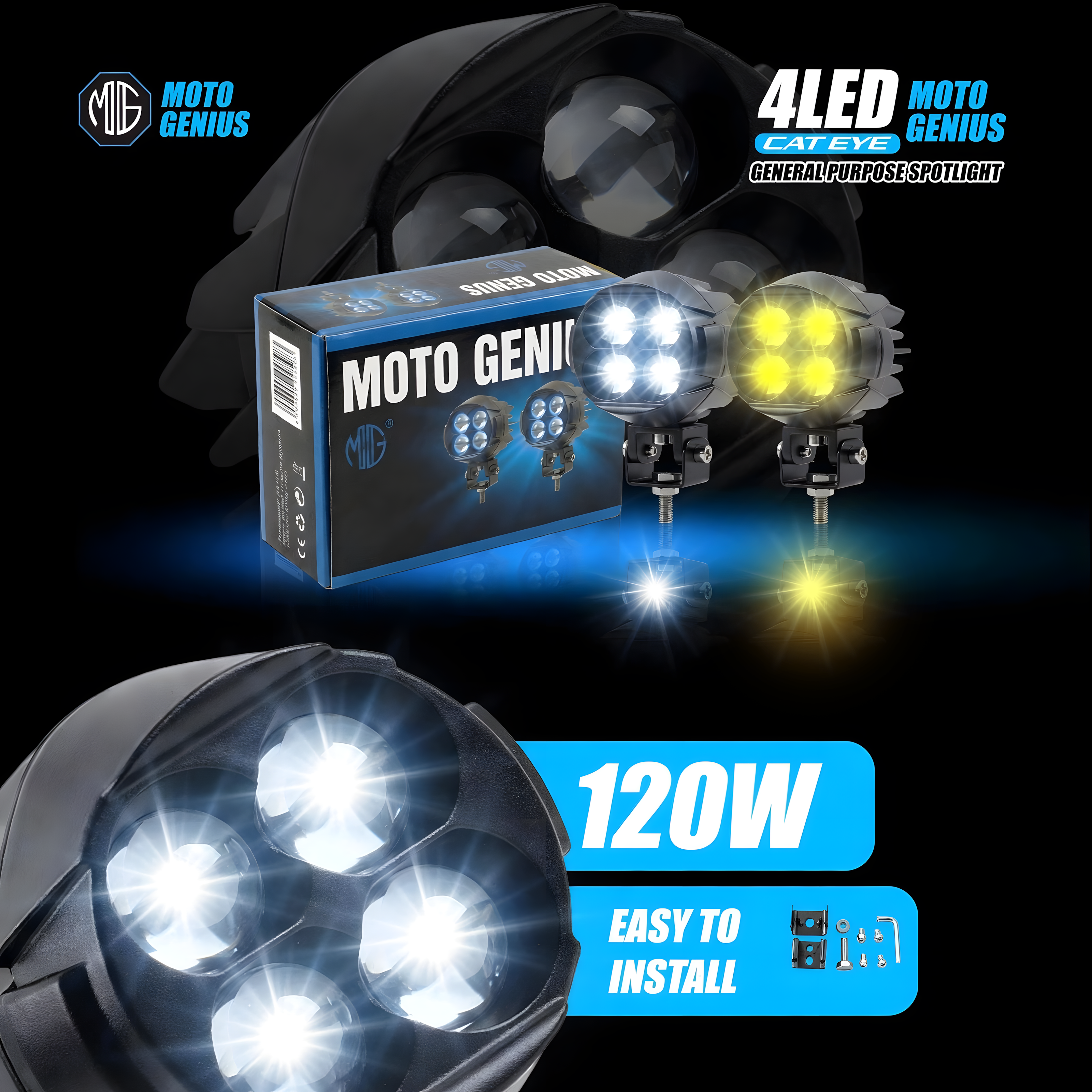 Dual Color DRL Laser Shooting Headlight, 4 LED High Intensity Spot Light, 9–36V Off-Road Fog Lamp for Truck, Motorcycle, Car & Boat (Pack of 2) (MGF2)