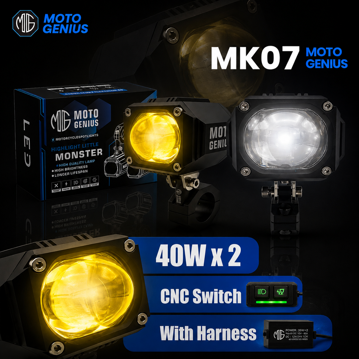 MK07 WITH HARNESS 80W, High-Performance LED Auxiliary Fog Light | Single Lens | Yellow Low Beam & White High Beam | With Wiring Harness & Switch(Pack of 2) (MGF3)