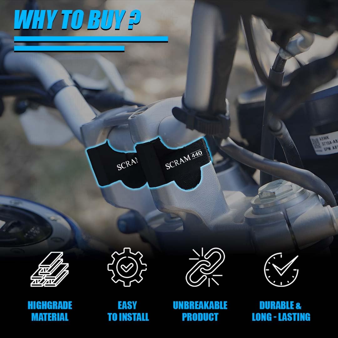 Motorcycle with Scram 440 gloves on, highlighting features like high-grade material, easy installation, unbreakable product, and durability.