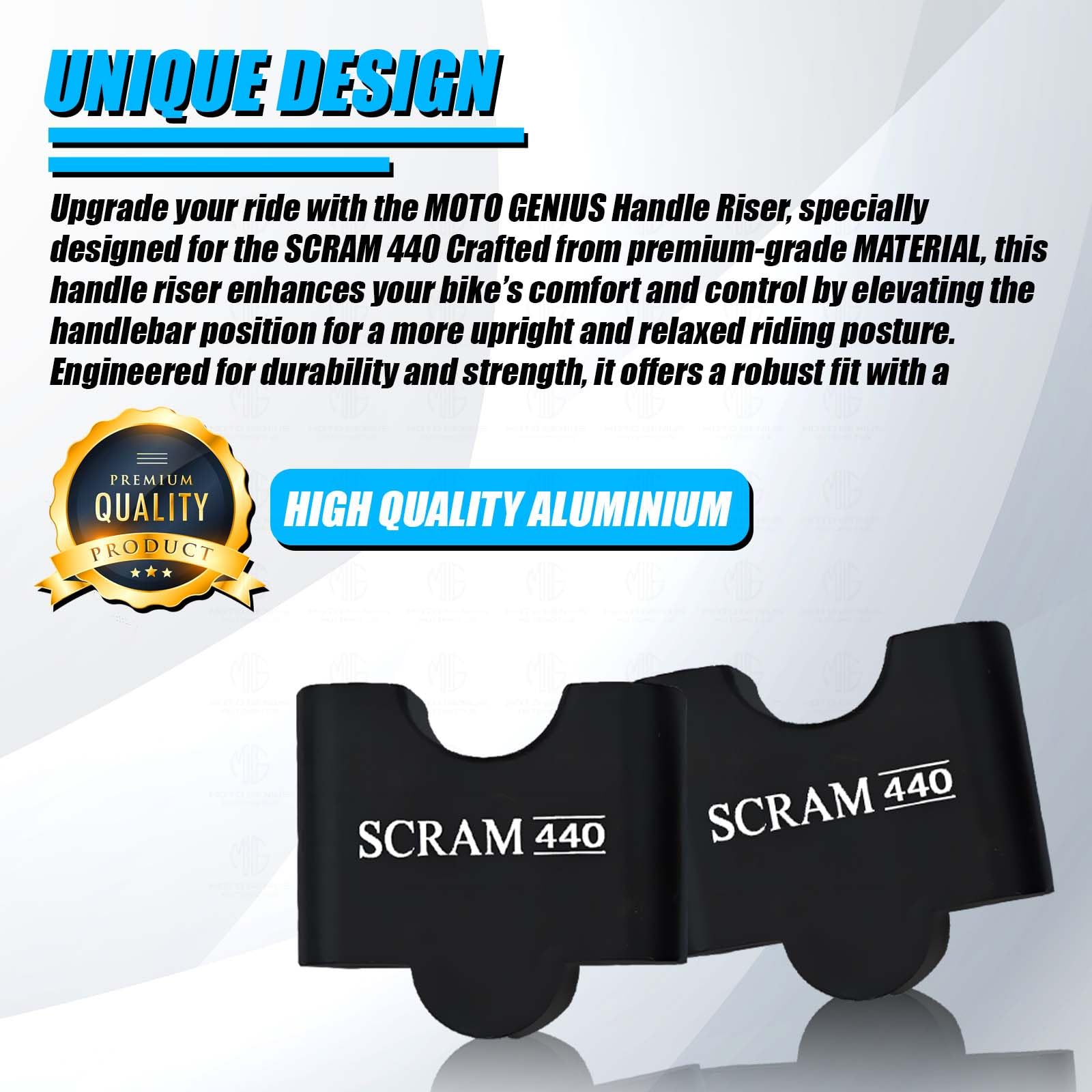 MOTO GENIUS Handle Riser for SCRAM 440 with text and graphics on a white background