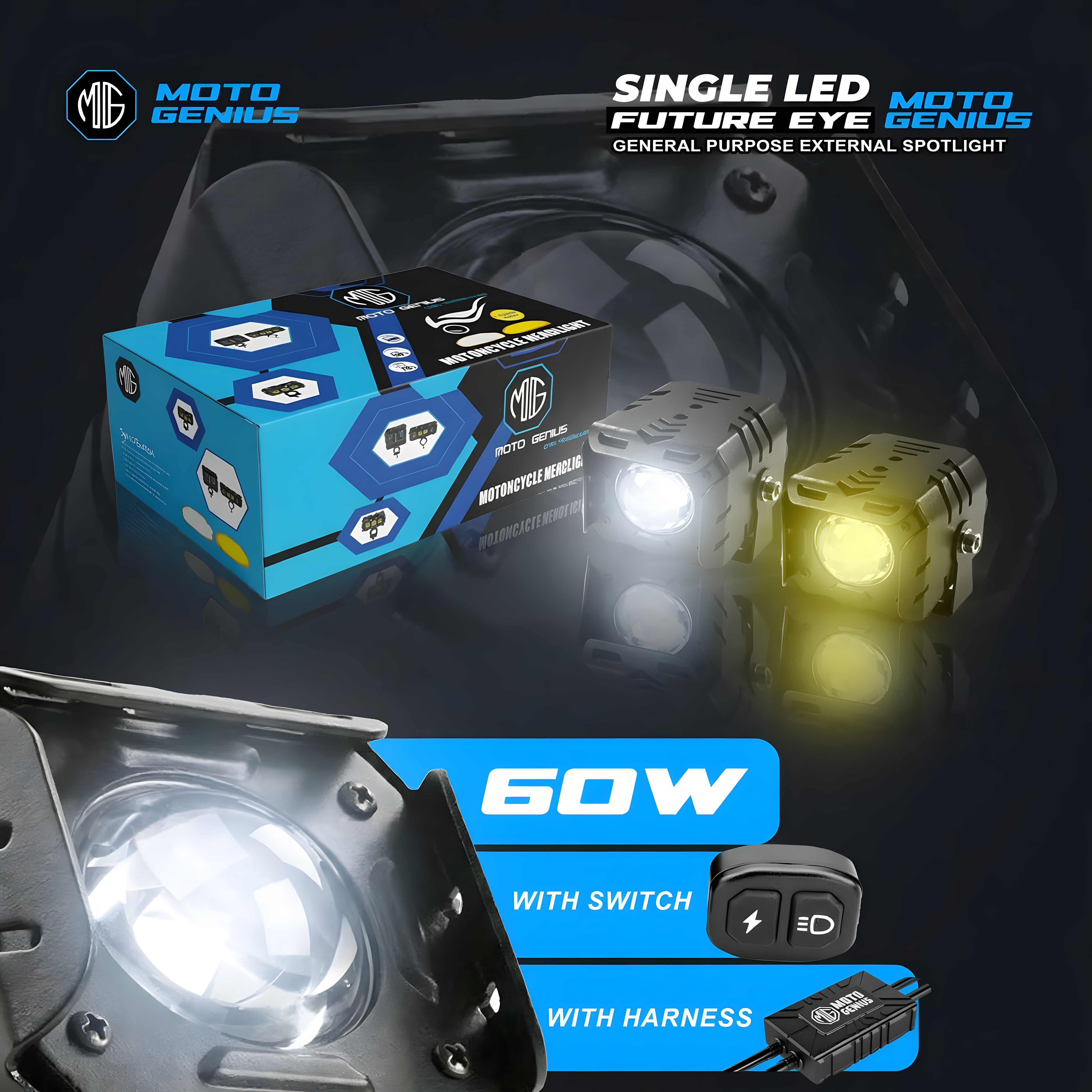 Single LED Future Eye Fog Light 60W with Switch & Wiring Harness, Low/High Beam Combo, IP67 Waterproof, High-Brightness Auxiliary Driving Light (Pack of 2) (MGF3)