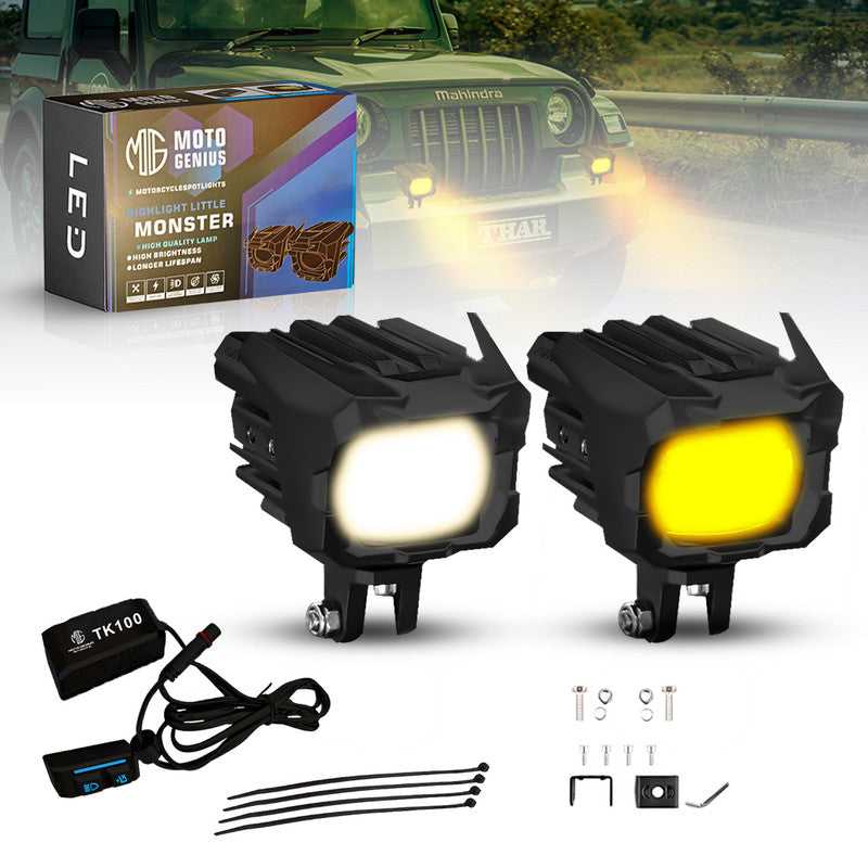 Moto Genius TK-100 70W piece Dual Beam LED Auxiliary Fog Light for Motorcycles & Cars | White & Yellow Light | Universal Fit | Waterproof | High Brightness