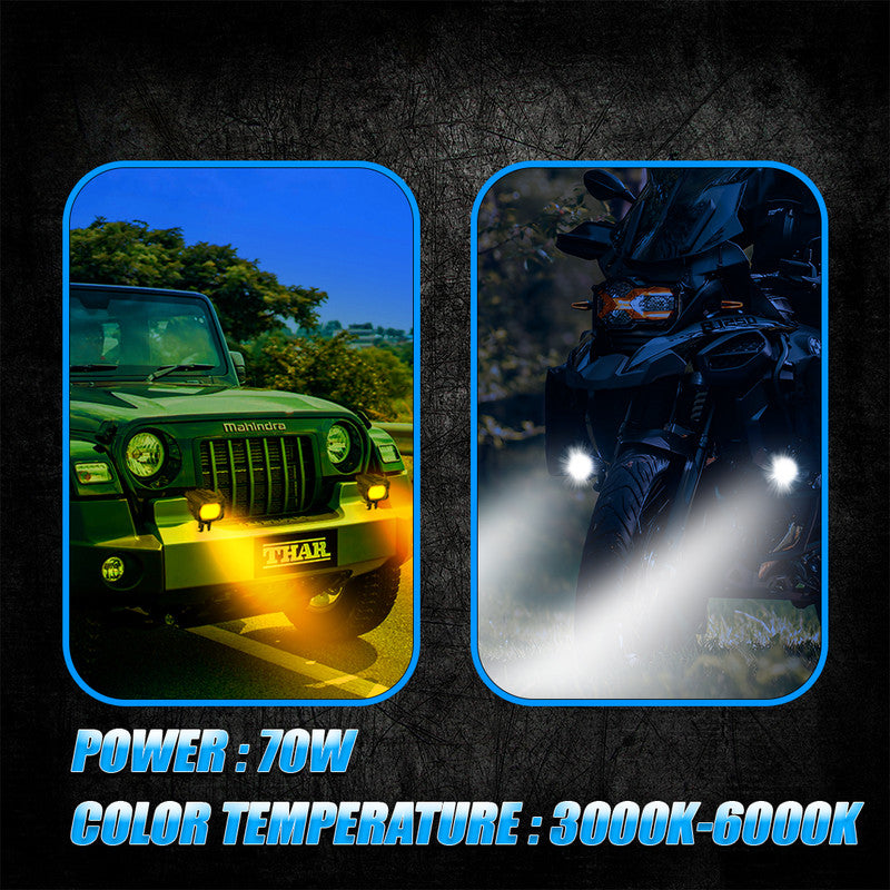 Moto Genius TK-100 70W piece Dual Beam LED Auxiliary Fog Light for Motorcycles & Cars | White & Yellow Light | Universal Fit | Waterproof | High Brightness