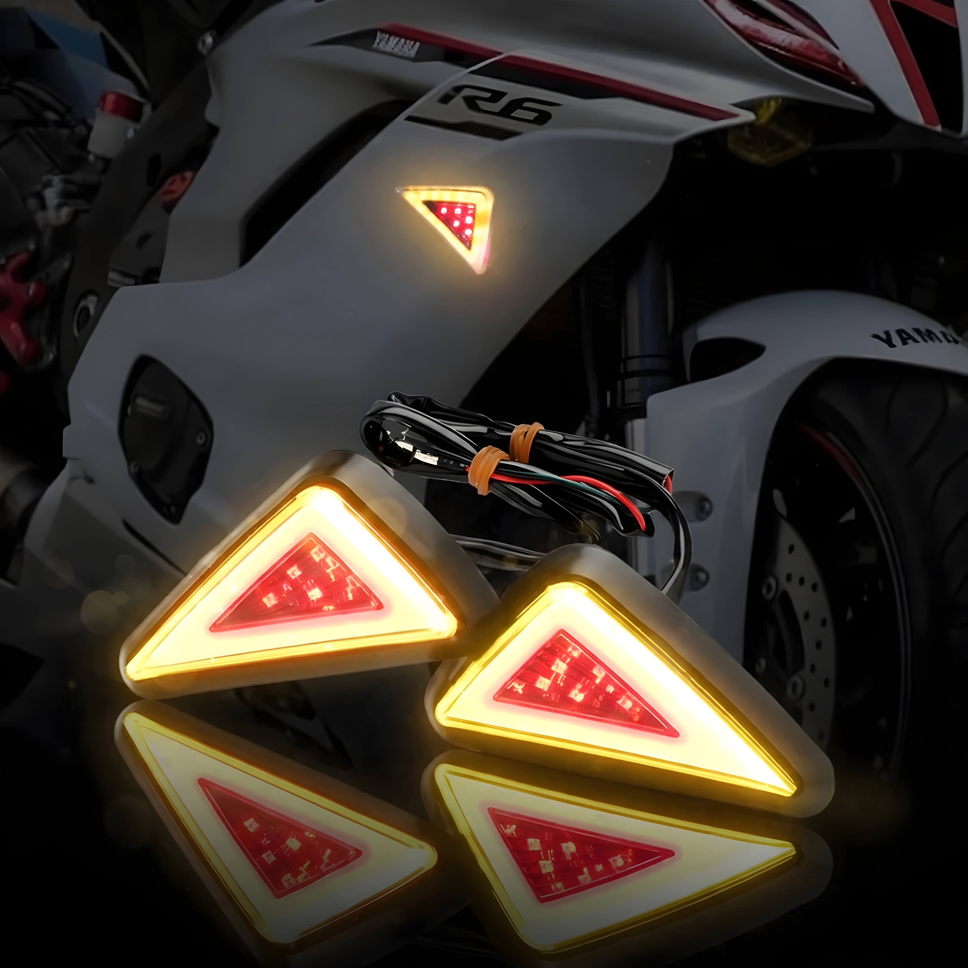 Motorcycle LED Body Indicator Lights with DRL for R15, CBR 150R/250, Ninja 250 | Triangle Side Body Turn Signals, Waterproof & Durable (Pack of 2)