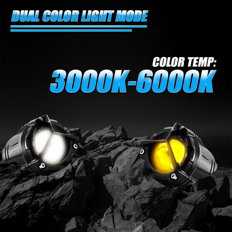 VK350 Mini Dual Color LED Fog Light Kit with Y-Type Harness | Korean Chip 2-in-1 Spot & Flood Beam | Yellow & White Auxiliary Lights for Bike & Car (Pack of 2)