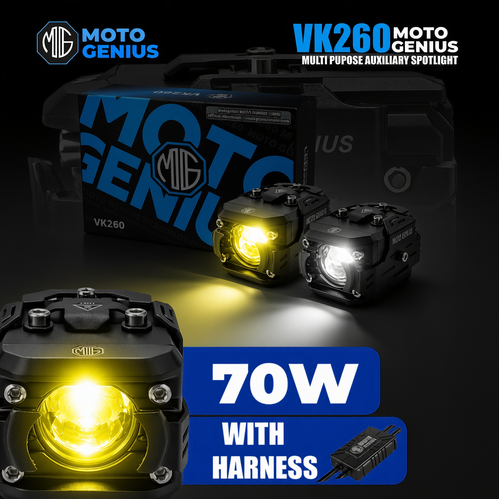 VK260 70W LED High Power with Harness Motorcycle Spotlight with Switch, Dual Beam High/Low (White & Yellow), 12V–36V Universal Fit for Bikes, Scooters & Electric Vehicles, IP67 Waterproof Auxiliary Fog Light (Pack of 2) (MGF3)