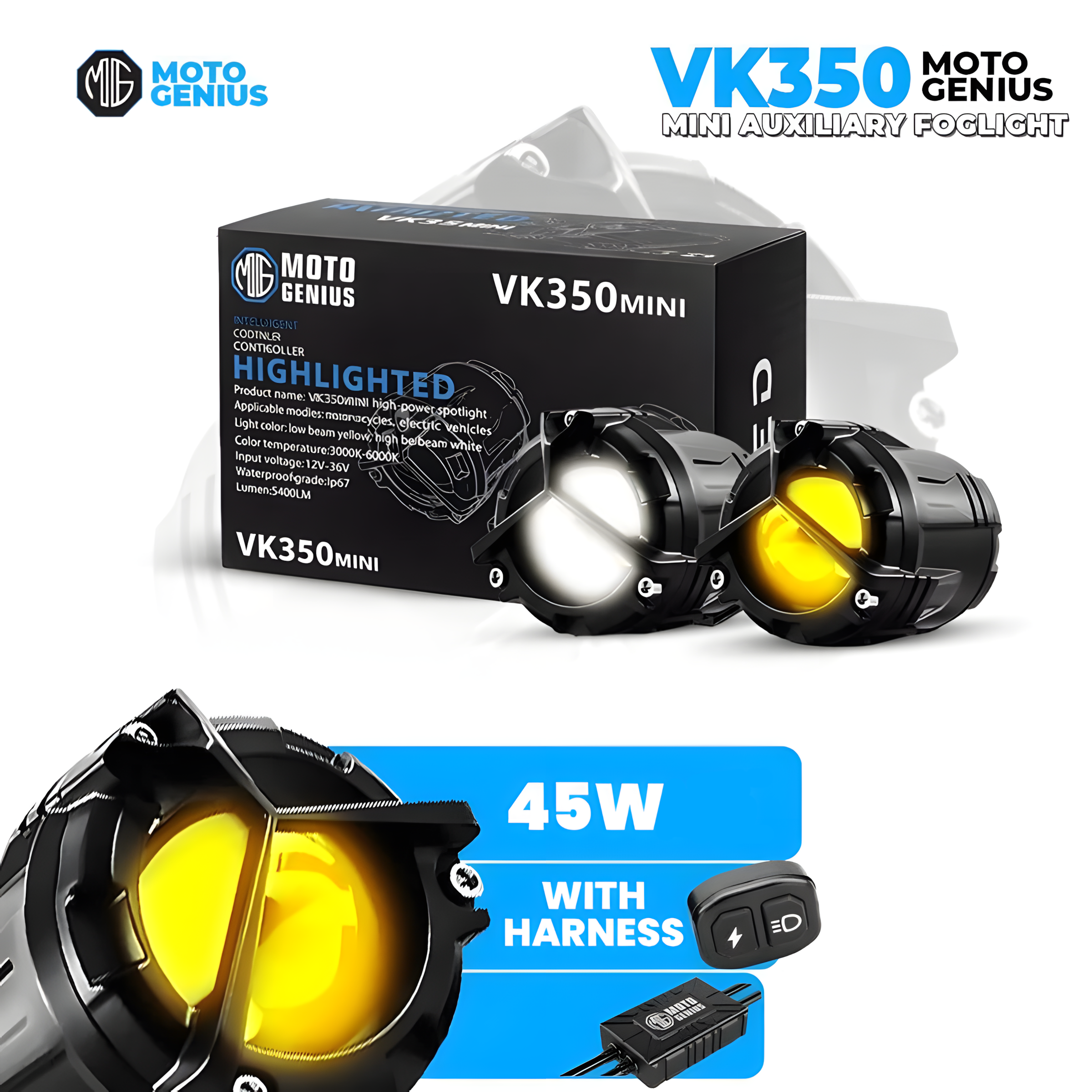 VK350 Mini ( WITH HARNESS ) Dual Color LED Fog Light Kit with Y-Type Harness | Korean Chip 2-in-1 Spot & Flood Beam | Yellow & White Auxiliary Lights for Bike & Car (Pack of 2) (MGF3)