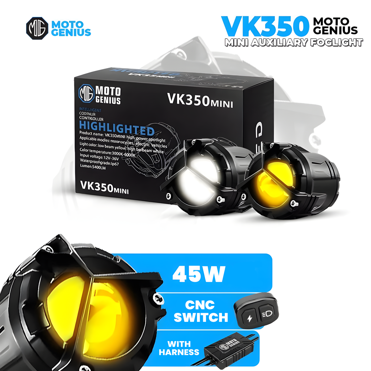 VK350 Mini ( WITH HARNESS ) Dual Color LED Fog Light Kit with Y-Type Harness | Korean Chip 2-in-1 Spot & Flood Beam | Yellow & White Auxiliary Lights for Bike & Car (Pack of 2) (MGF3)