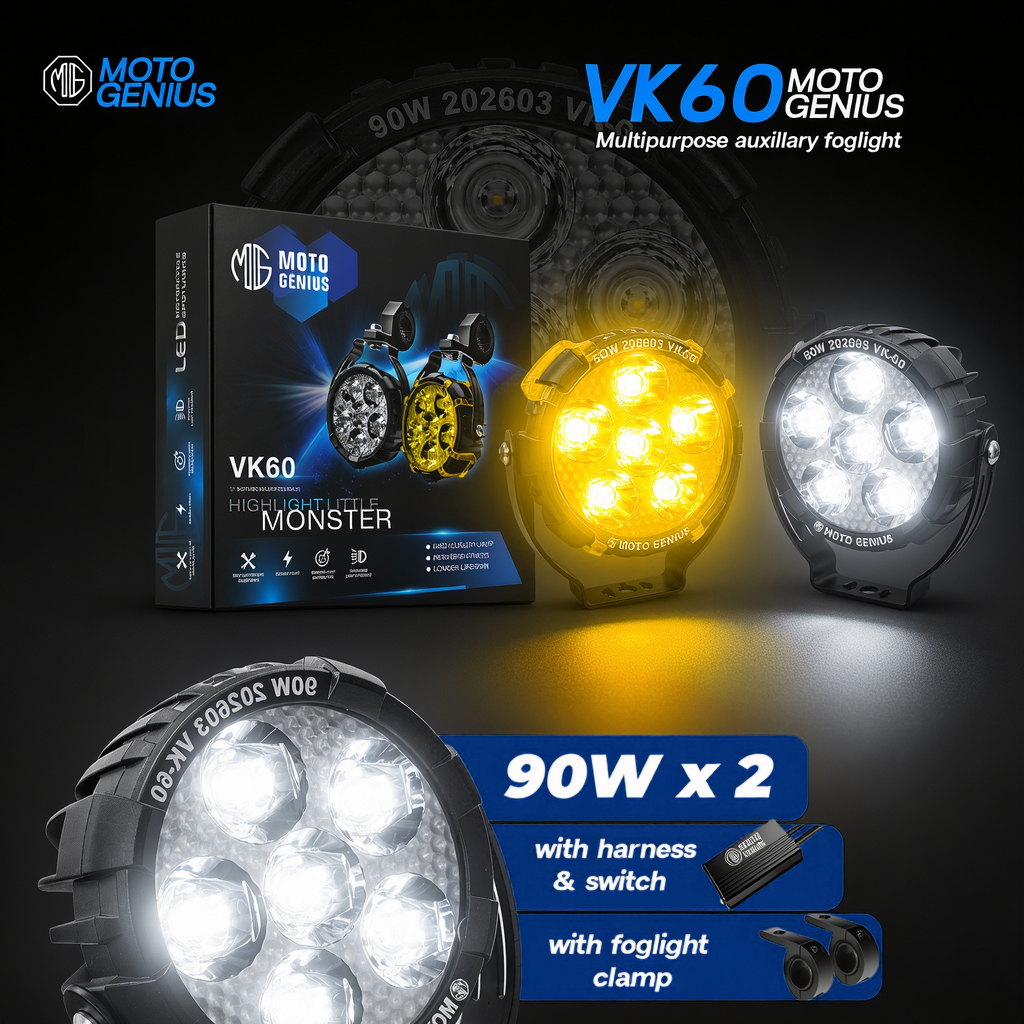 VK60 180W Auxiliary Fog Lights for Motorcycles – Dual Color High/Low Beam IP67 Waterproof with Wiring Harness & Clamp (Pack of 2) (MGF3)