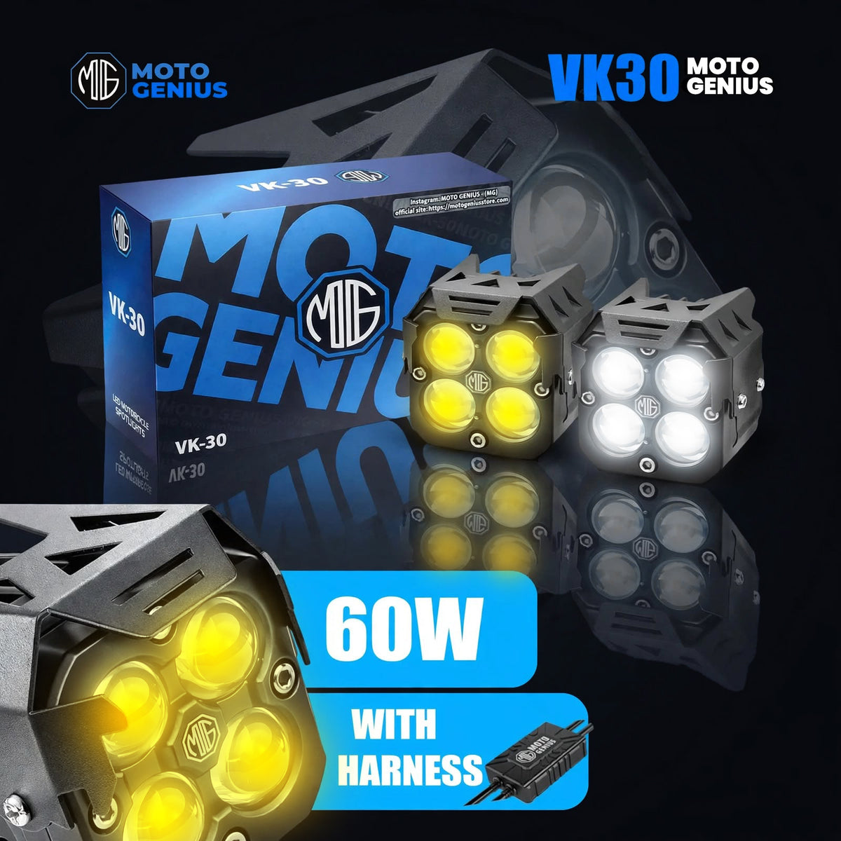 VK30 60W 4 LED High Power with Harness Motorcycle Spotlight with Switch, Dual Beam High/Low (White & Yellow), 12V–36V Universal Fit for Bikes & Electric Vehicles, IP67 Waterproof Auxiliary Fog Light (Pack of 2) (MGF3)
