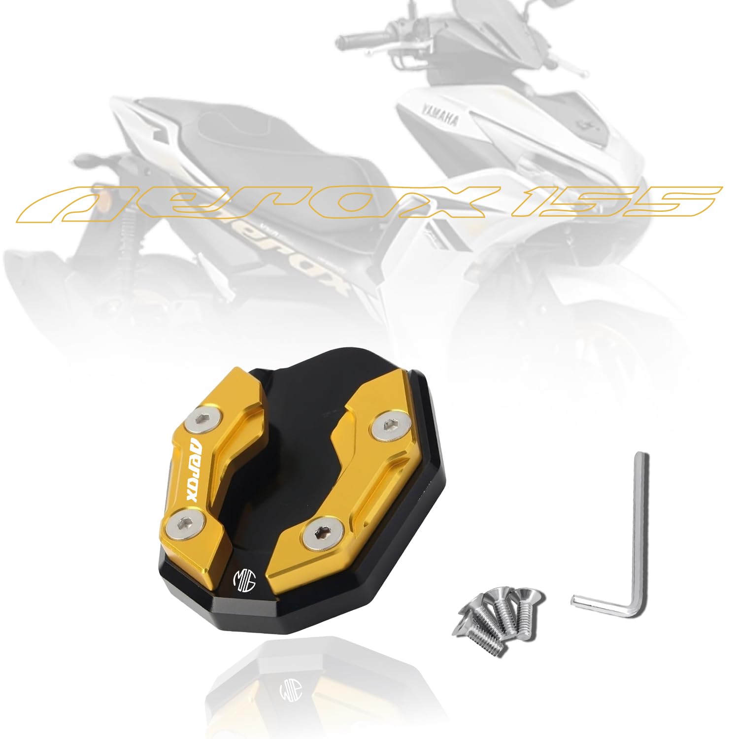 Aerox 155 Aluminium Side Stand Extender | CNC Base Plate for Stability and Support | Durable Easy Installation, Enhanced Stability-Gold - Moto Genius