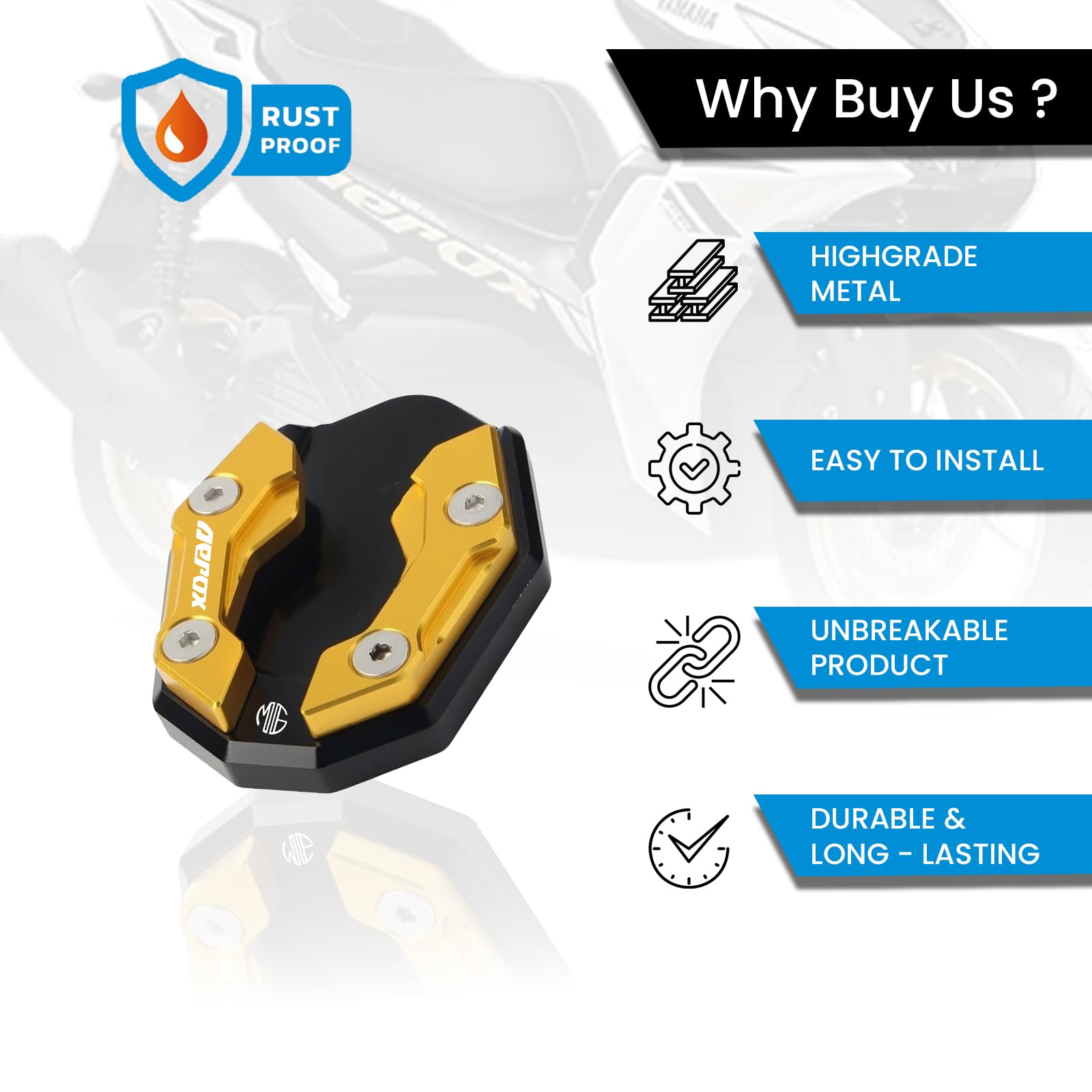 Aerox 155 Aluminium Side Stand Extender | CNC Base Plate for Stability and Support | Durable Easy Installation, Enhanced Stability-Gold - Moto Genius