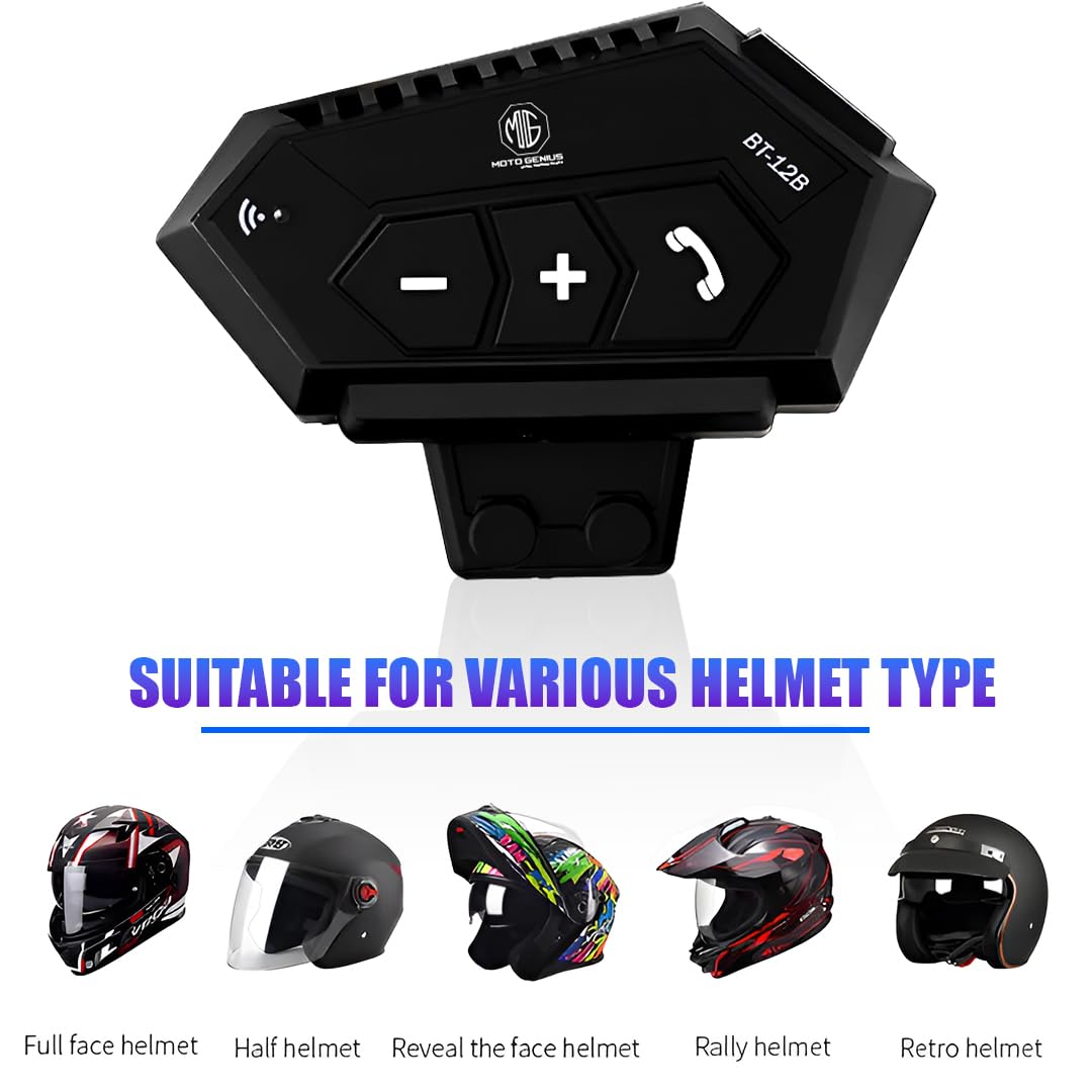 BT12B Motorcycle Helmet Bluetooth Headset, Wireless Dual On-Ear Speakers with Mic, Hands-Free Calling & Music, Noise Reduction, Fast Charging, Universal Fit for All Helmets - Moto Genius