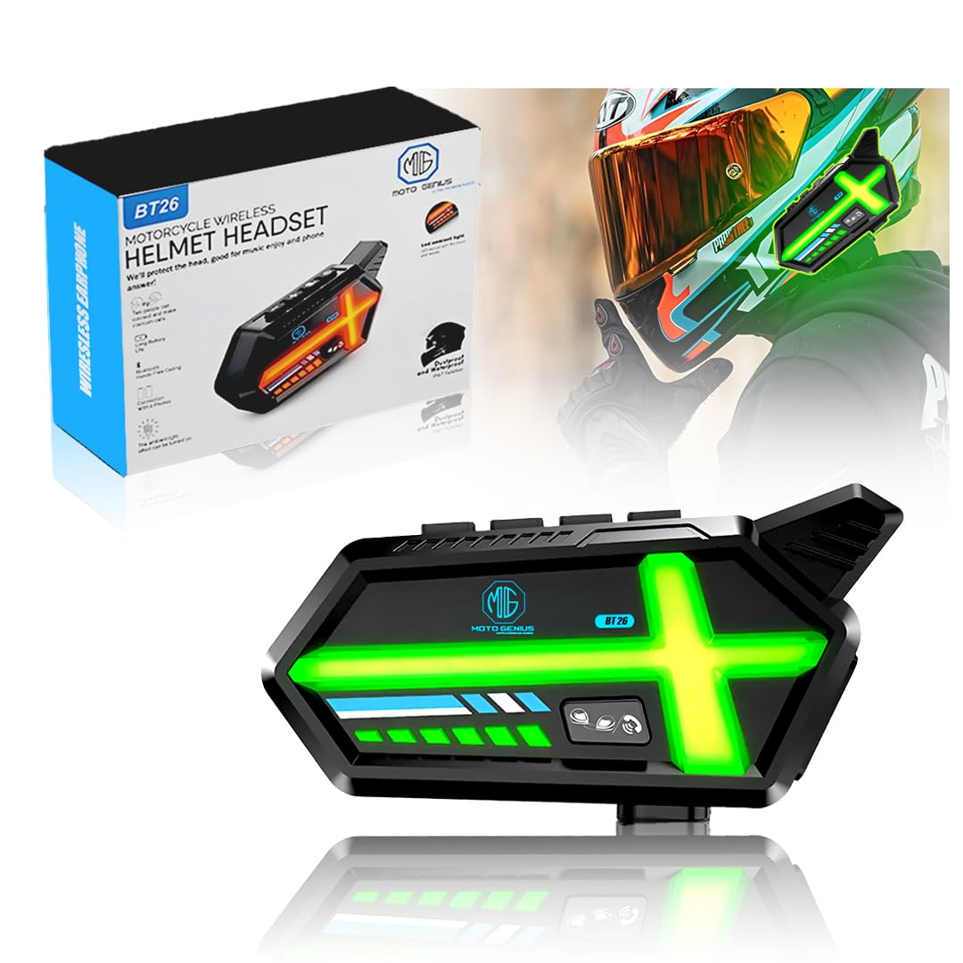 BT26 Motorcycle Helmet Bluetooth Headset,Dual Phone Connection, Noise Cancelling Mic, 4-Color LED Light (5 Modes), IP64 Waterproof, Long Battery, 