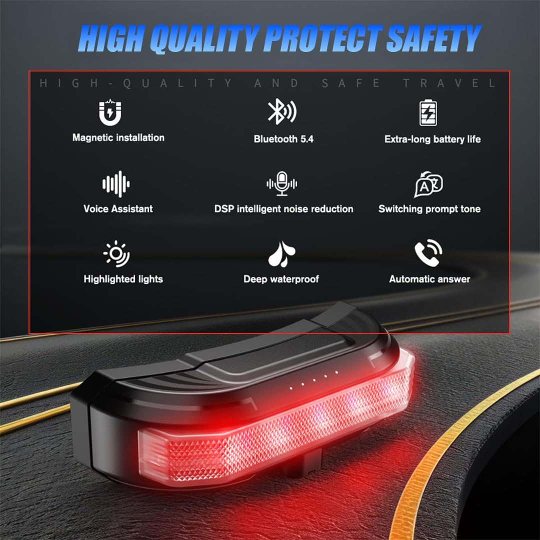BT80 Motorcycle Helmet Bluetooth Headset with LED Warning Light, Magnetic Mount, Bass Speakers, Fast Charging, Waterproof, for All Helmets - Moto Genius