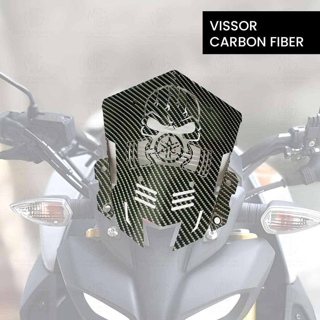 Carbon Metal Visor Windscreen Windshield Deflector for MT 15 | Heavy Quality Flyscreen with Mount for Motorbike | Wind Sheld Protector-Skull Black - Moto Genius