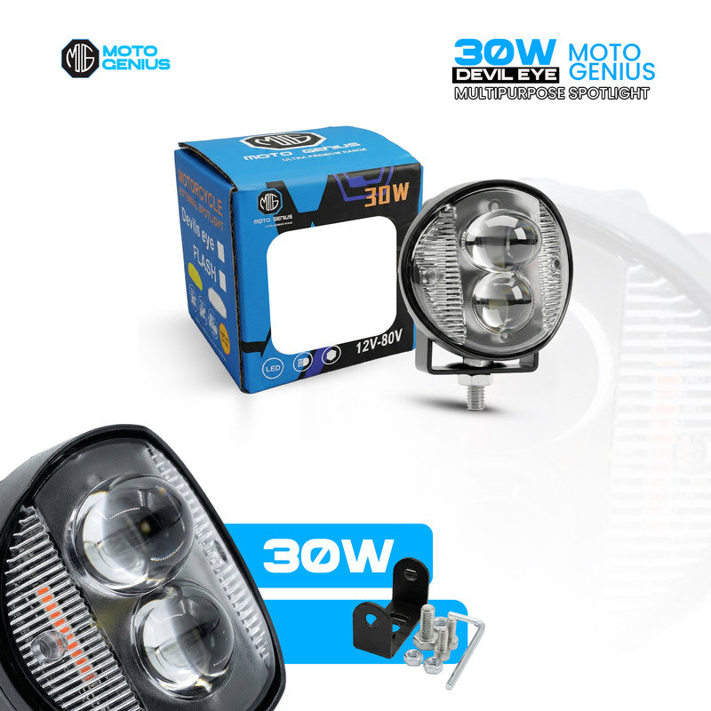 Mini Motorcycle LED Fog Light 30W Dual Flash, Multi-Color Yellow/White/Red/Blue Spotlight, Red & Blue Warning Strobe, Compact Auxiliary Driving Light (MGF1)