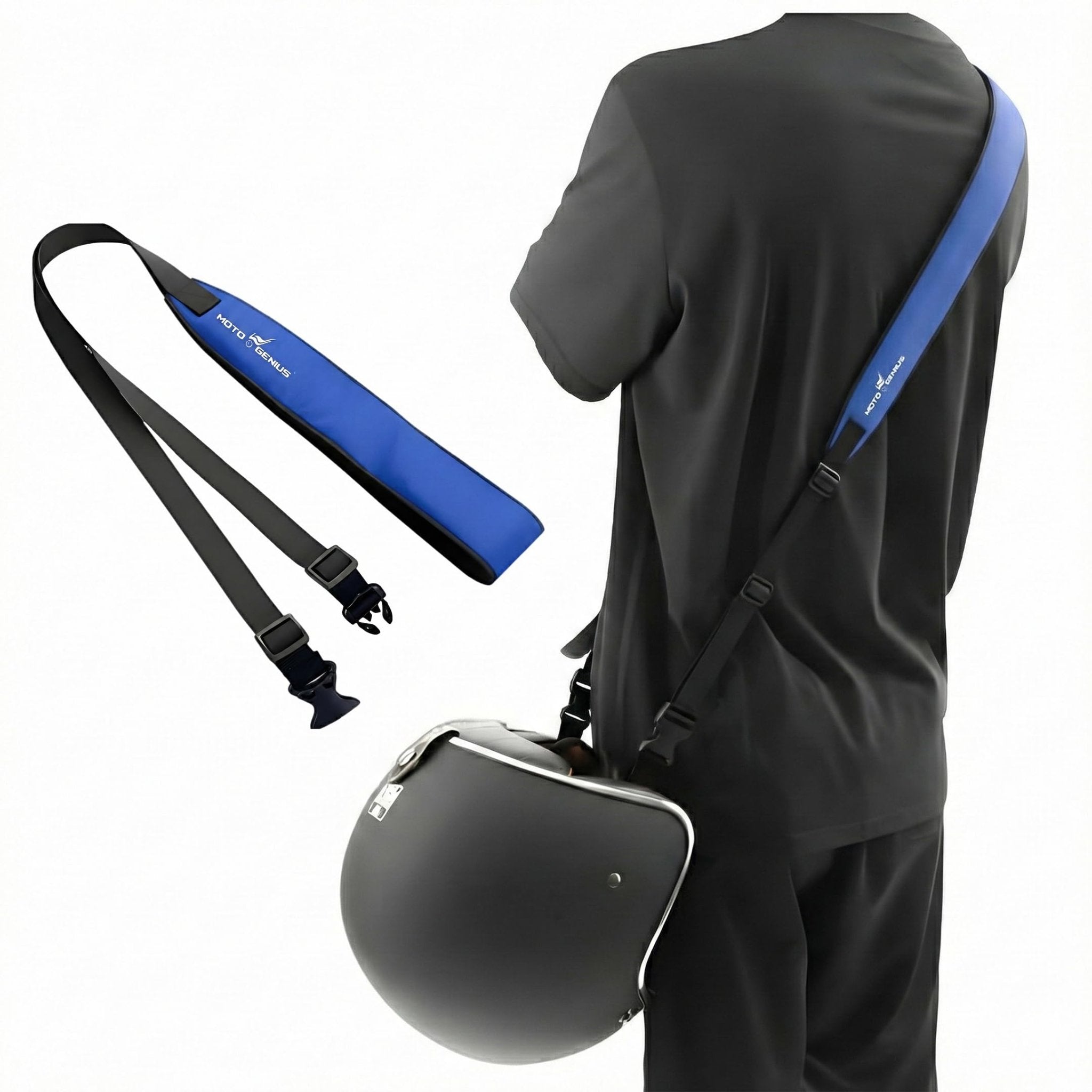 Helmet carrier shoulder Belt / Strap, Hands-Free, Adjustable, Breathable Polyester Shoulder Strap for Easy Helmet Carry-Blue - Moto Genius
