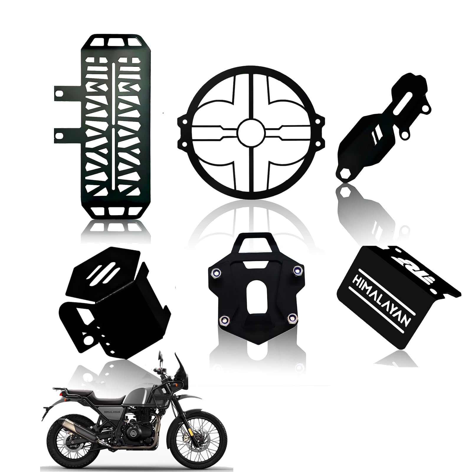 Himalayan Motorbike Accessories Kit | Metal Radiator Guard, Flower Headlight Grill, Cylinder Guard, Side Stand Extender & Oil Reservoir Caps for RE Himalayan (Pack of 6) - Moto Genius