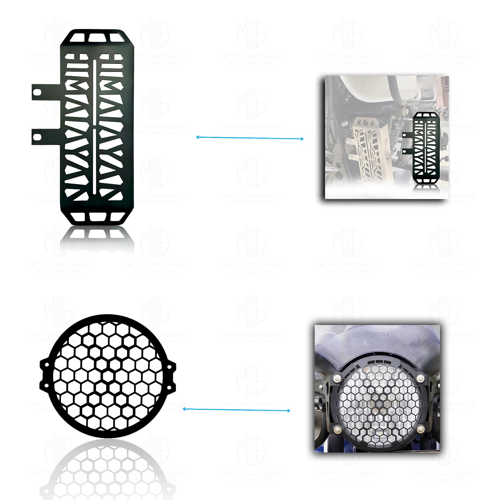 Himalayan Motorbike Accessories Kit | Metal Radiator Guard, Honey Headlight Grill, Cylinder Guard, Side Stand Extender & Oil Reservoir Caps for RE Himalayan (Pack of 6) - Moto Genius