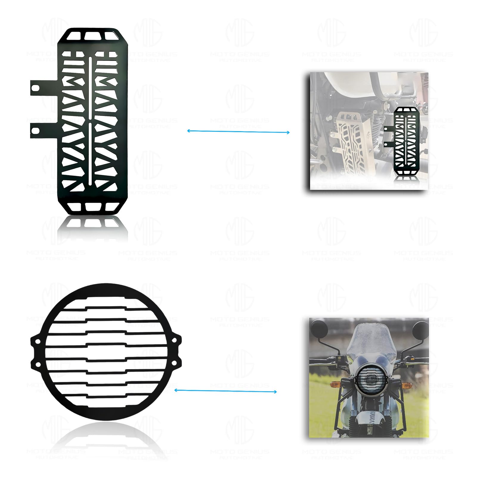 Himalayan Motorbike Accessories Kit | Metal Radiator Guard, Line Headlight Grill, Cylinder Guard, Side Stand Extender & Oil Reservoir Caps for RE Himalayan (Pack of 6) - Moto Genius