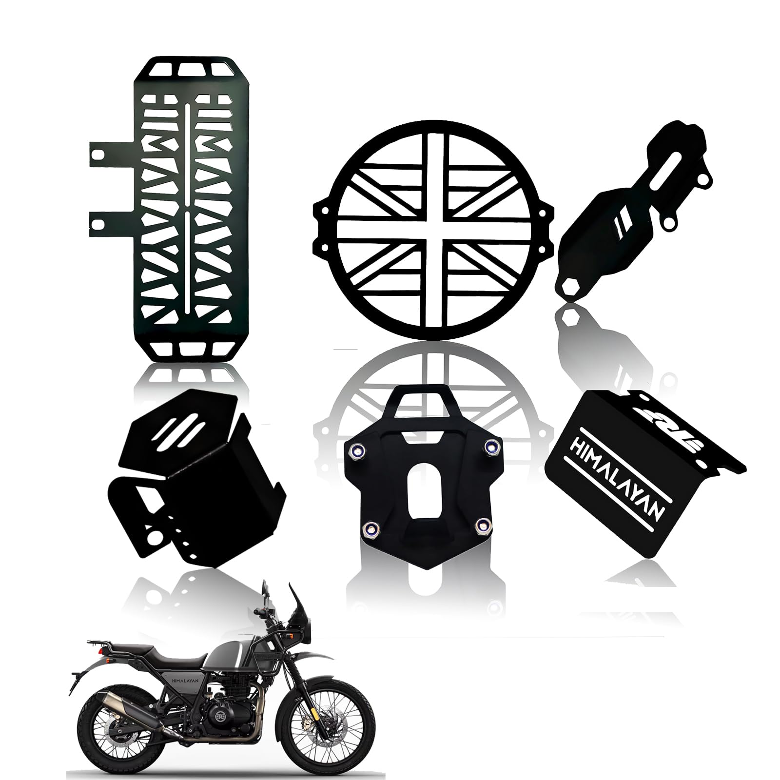 Himalayan Motorbike Accessories Kit | Metal Radiator Guard, X Headlight Grill, Cylinder Guard, Side Stand Extender & Oil Reservoir Caps for RE Himalayan (Pack of 6) - Moto Genius