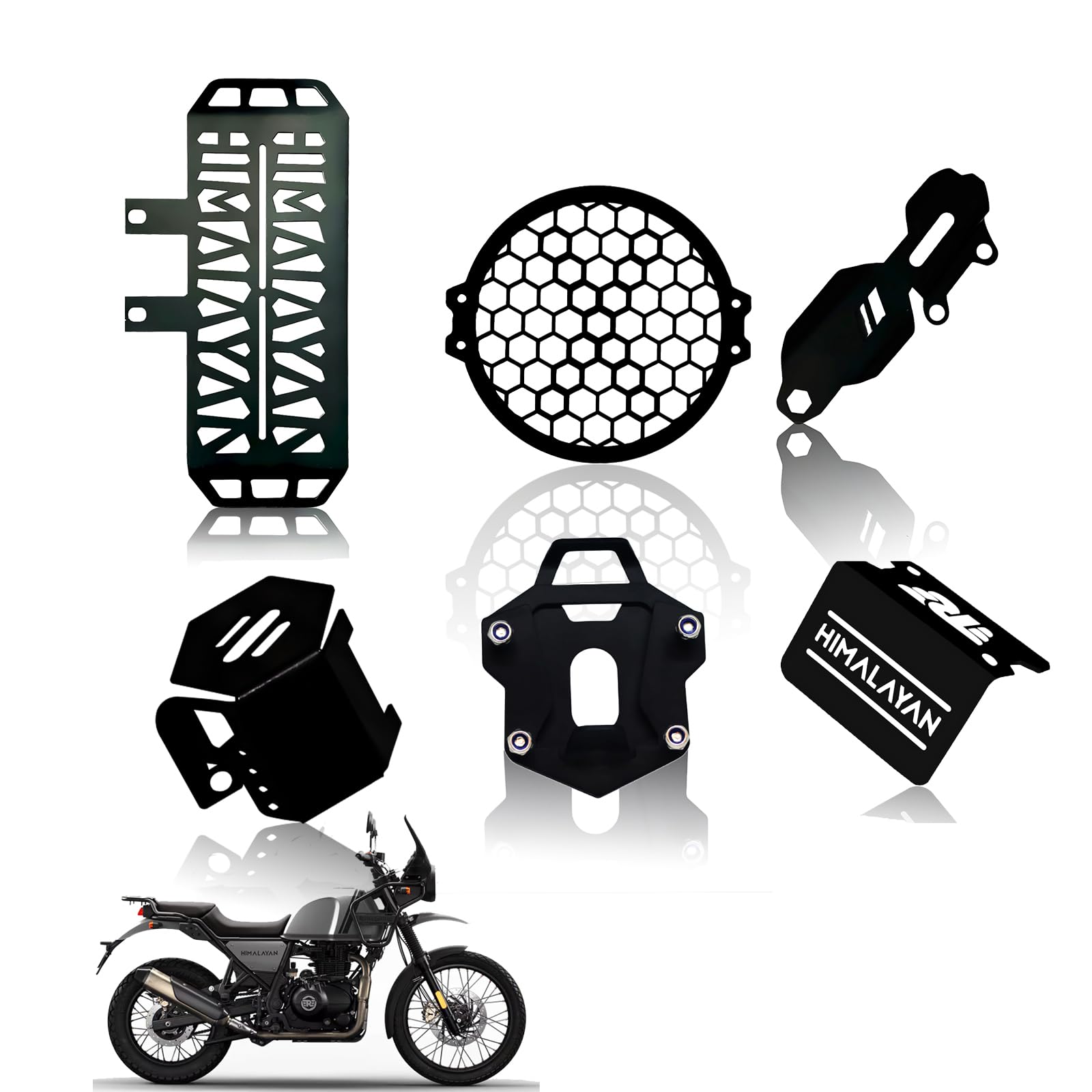 Himalayan Motorbike Accessories Kit | Metal Radiator Guard, X Headlight Grill, Cylinder Guard, Side Stand Extender & Oil Reservoir Caps for RE Himalayan (Pack of 6) - Moto Genius