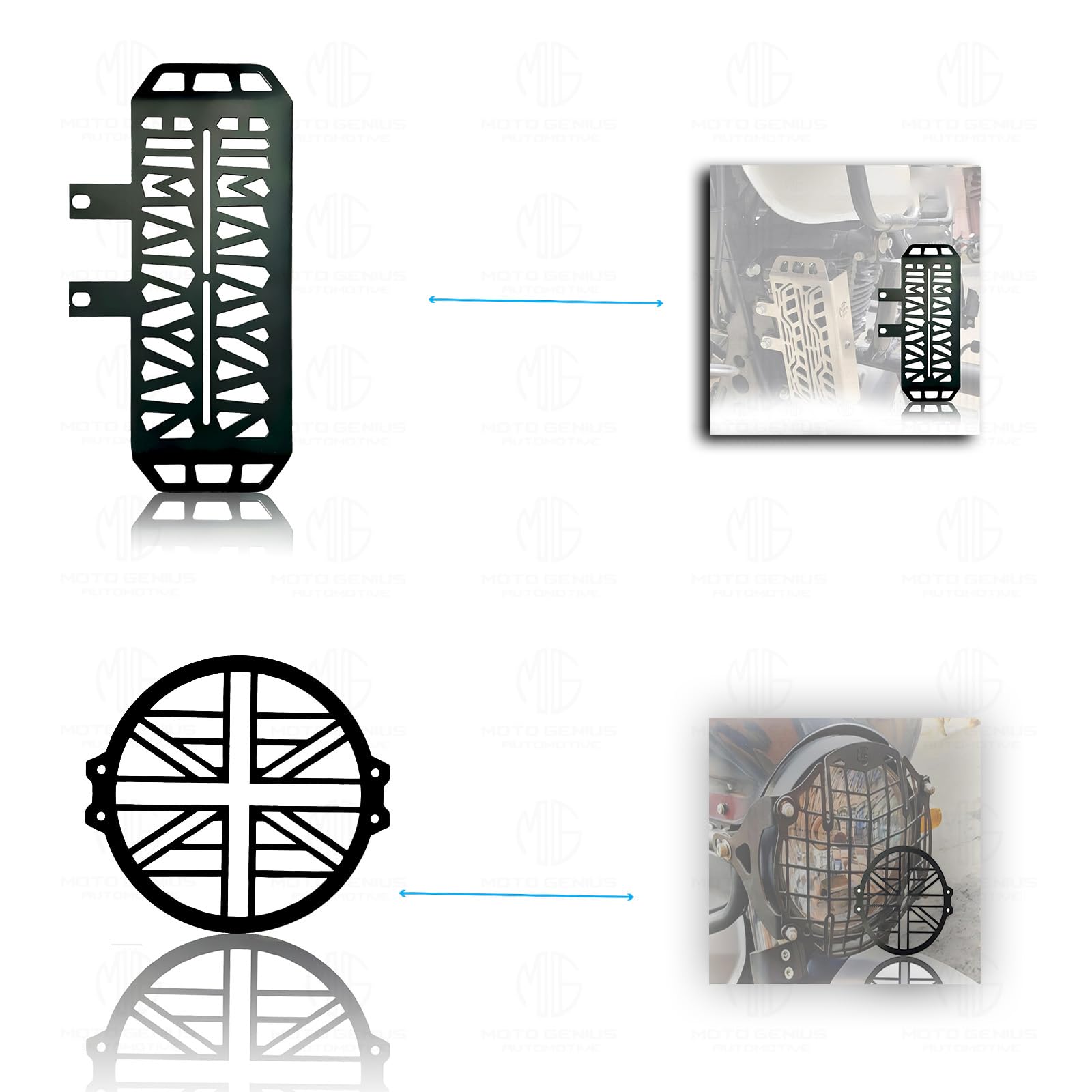 Himalayan Motorbike Accessories Kit | Metal Radiator Guard, X Headlight Grill, Cylinder Guard, Side Stand Extender & Oil Reservoir Caps for RE Himalayan (Pack of 6) - Moto Genius