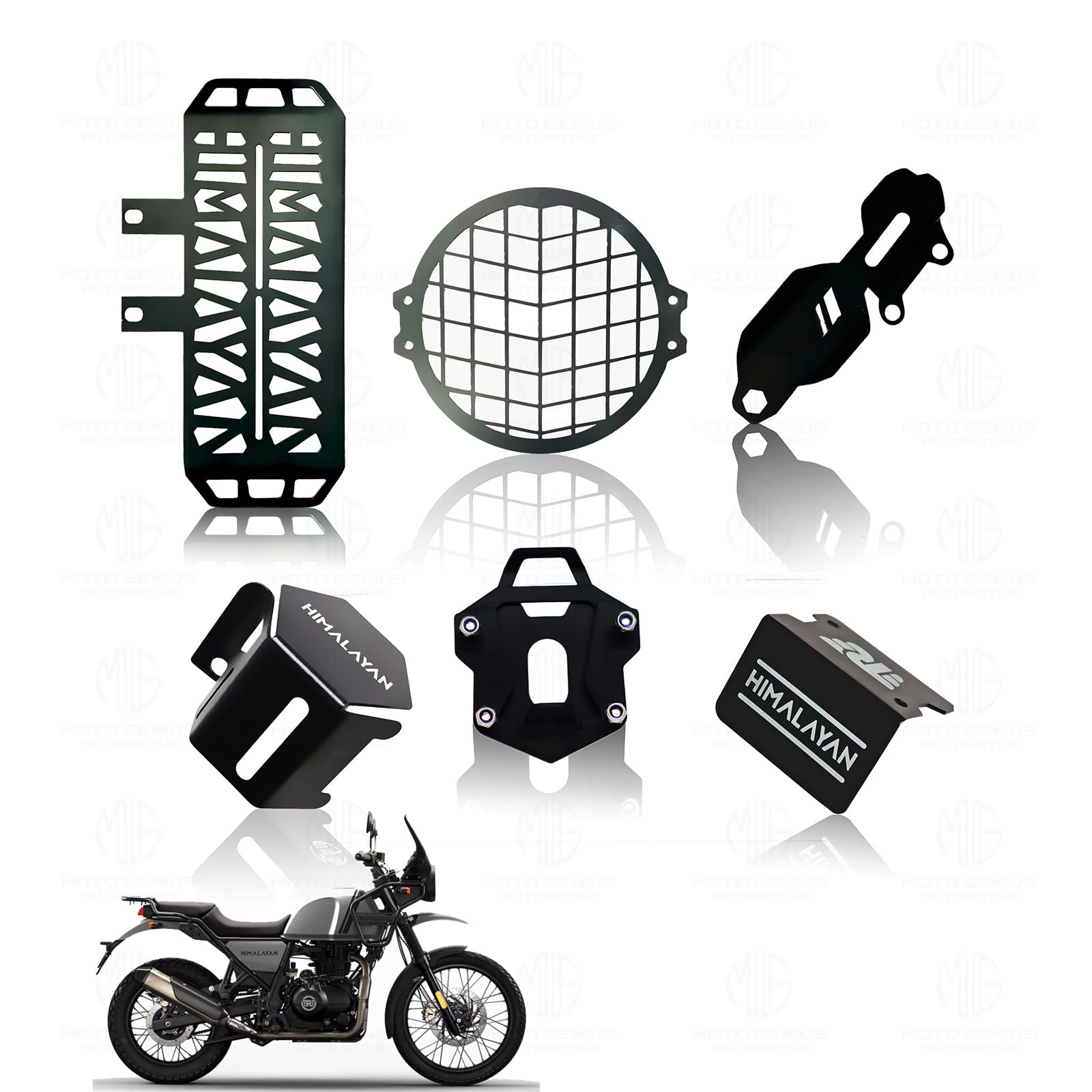 Himalayan Motorbike Accessories Kit | Metal Radiator Guard, X Headlight Grill, Cylinder Guard, Side Stand Extender & Oil Reservoir Caps for RE Himalayan (Pack of 6) - Moto Genius