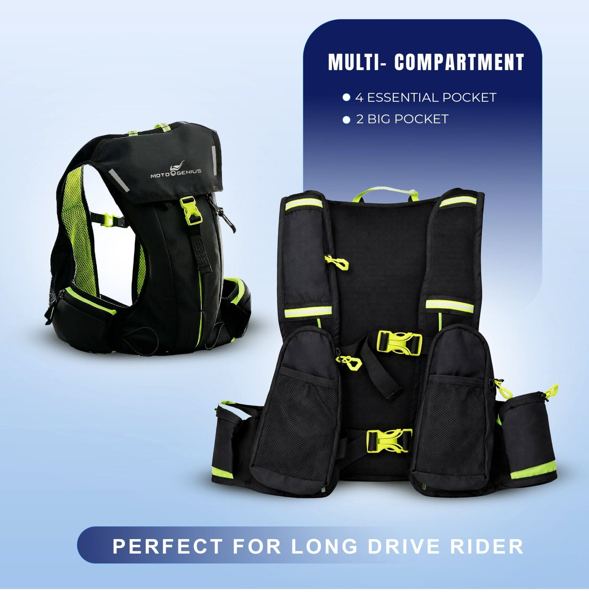Hydration Backpack with 2L BPA-Free Bladder, Ultra-Lightweight No-Bounce Fit, Multi-Compartment Storage, Reflective Safety Strips, Ideal for Hiking, Cycling, Running, Camping & Outdoor Sports-Neon Blue - Moto Genius