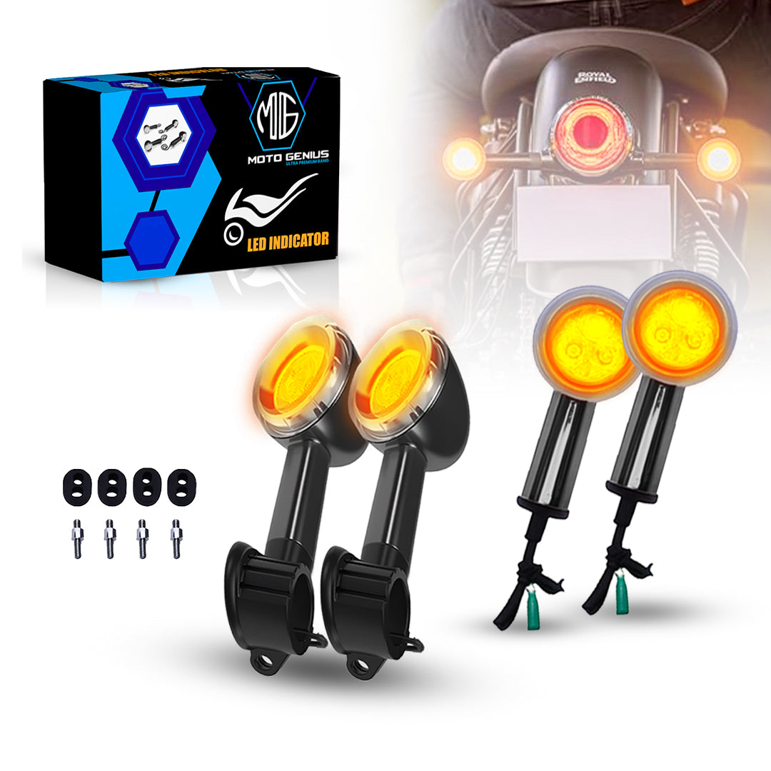 MOTO GENIUS Premium LED Turn Signal Indicators for RE Classic 350, Bullet 350, Reborn | Waterproof, High-Brightness Automotive-Grade LEDs, Durable Virgin Plastic Body (Set of 4) Black