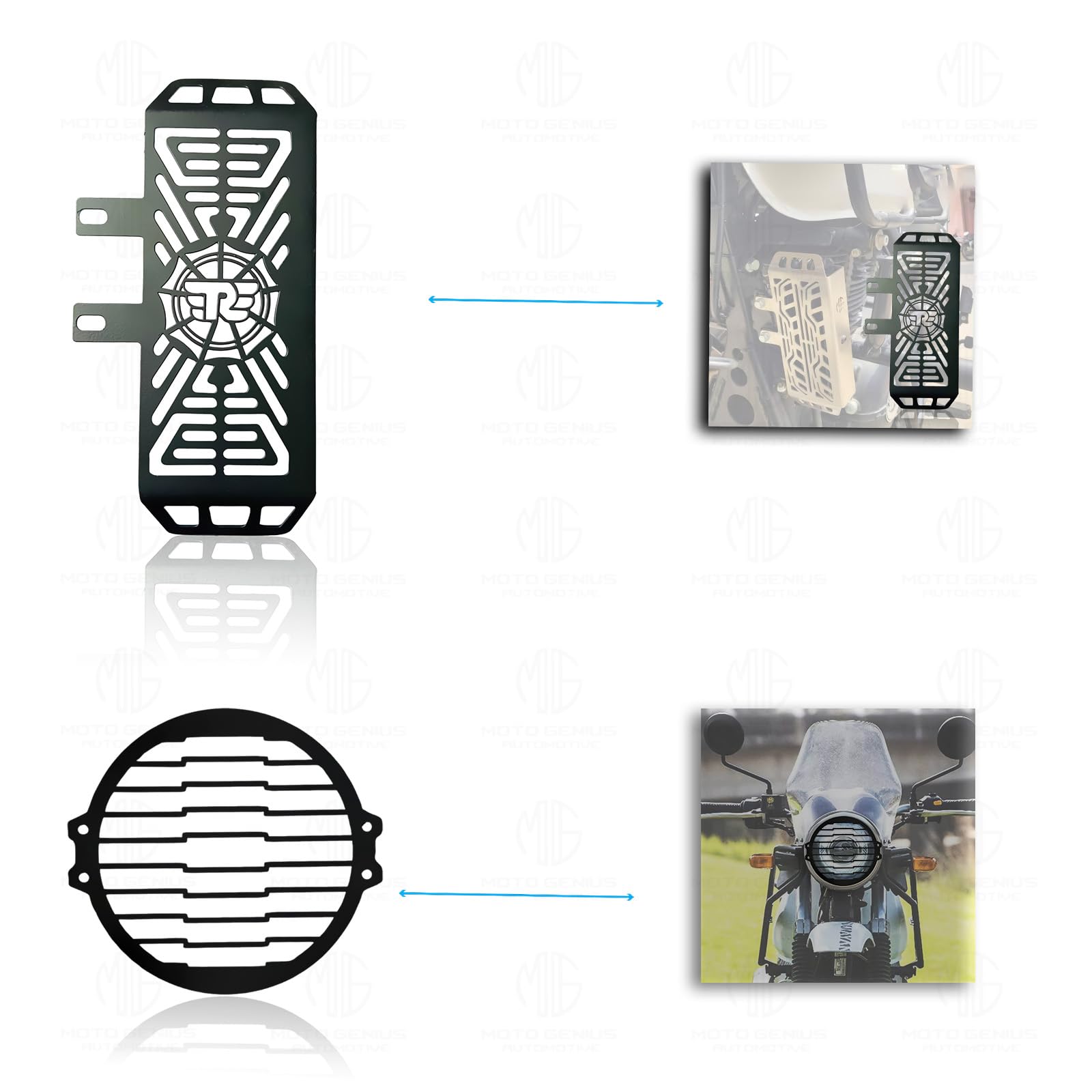 Metal Accessories Kit for RE Himalayan Motorbike | Radiator Guard, Line Shape Headlight Grill, Cylinder Guard, Side Stand Extender & Oil Reservoir Caps for RE Himalayan (Pack of 6) - Moto Genius