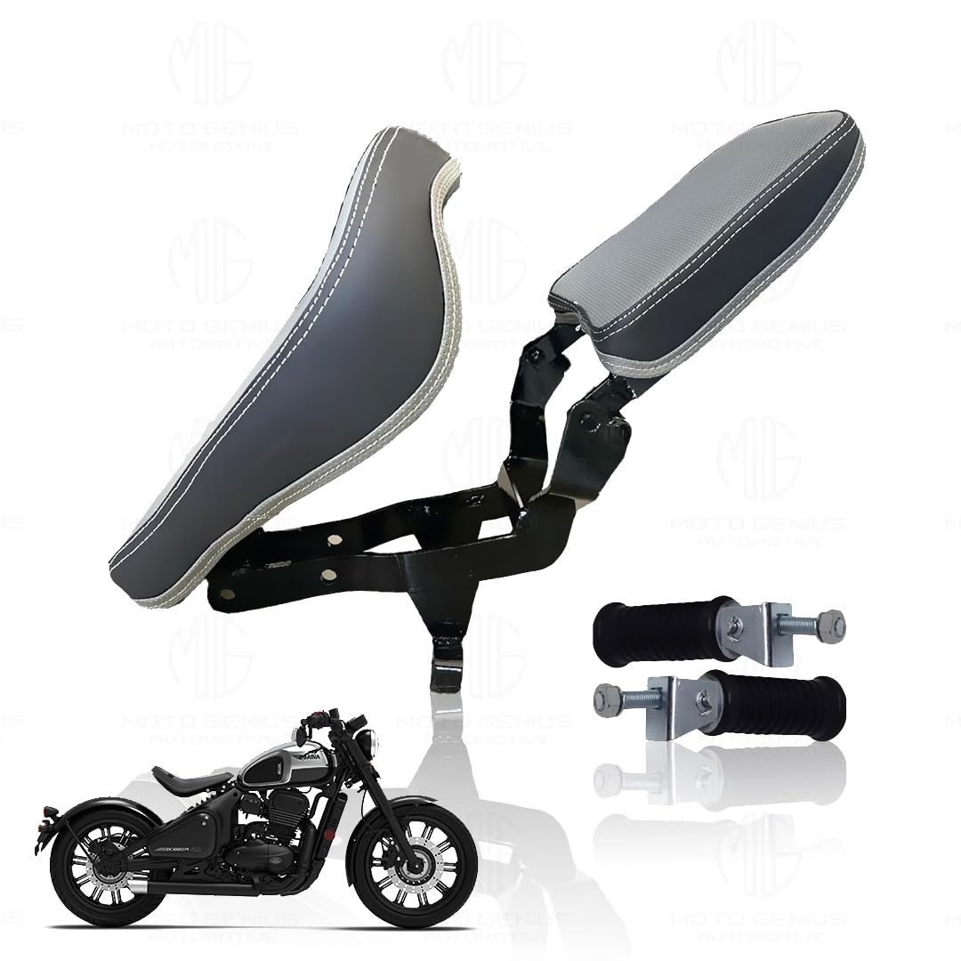 Metal Foldable Dual Seat with Footrest for Jawa 42 Bobber | Durable Metal Frame | Comfortable Rider and Passenger Seat | Premium Leather Upholstery | Custom Design-Grey - Moto Genius