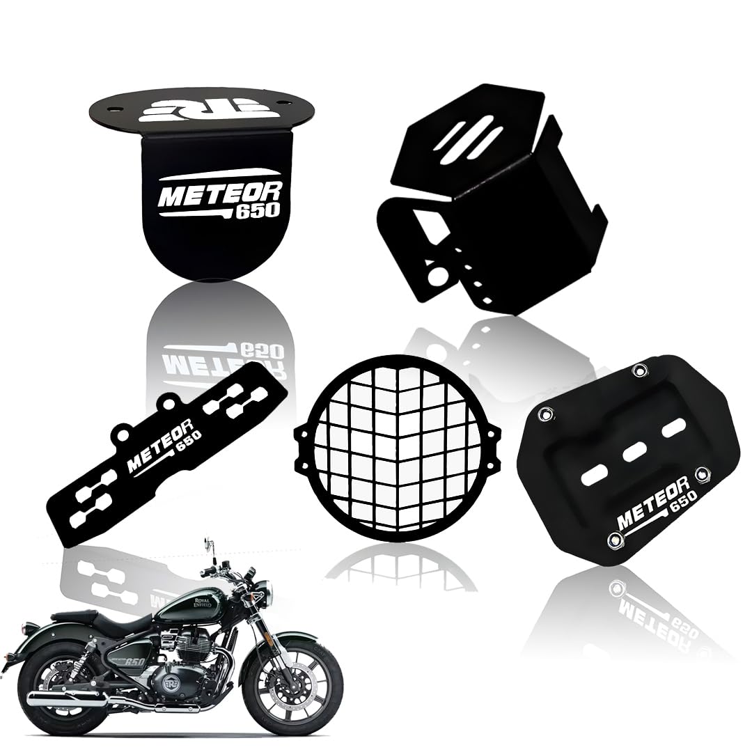 Meteor 650 Motorbike Accessories Kit | Metal Check Shape Headlight Grill, Cylinder Guard, Side Stand Extender & Oil Reservoir Caps for RE Meteor 650 | Heavy-Duty Metal | Pack of 5 - Moto Genius
