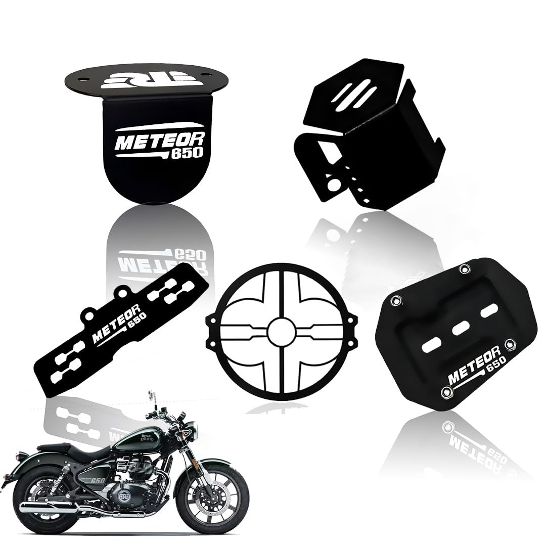 Meteor 650 Motorbike Accessories Kit | Metal Flower Shape Headlight Grill, Cylinder Guard, Side Stand Extender & Oil Reservoir Caps for RE Meteor 650 | Heavy-Duty Metal | Pack of 5 - Moto Genius