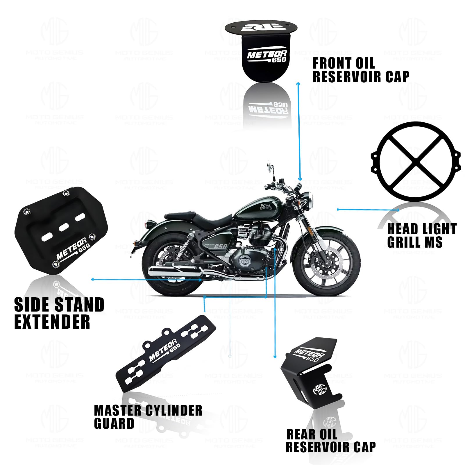 Meteor 650 Motorbike Accessories Kit | Metal X Shape Headlight Grill, Cylinder Guard, Side Stand Extender & Oil Reservoir Caps for RE Meteor 650 | Heavy-Duty Metal | Pack of 5 - Moto Genius