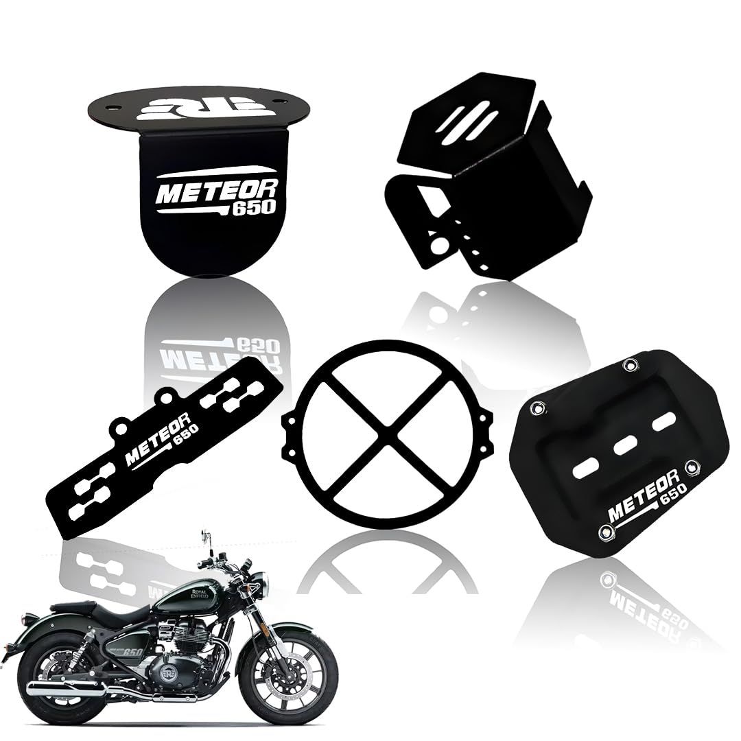 Meteor 650 Motorbike Accessories Kit | Metal X Shape Headlight Grill, Cylinder Guard, Side Stand Extender & Oil Reservoir Caps for RE Meteor 650 | Heavy-Duty Metal | Pack of 5 - Moto Genius