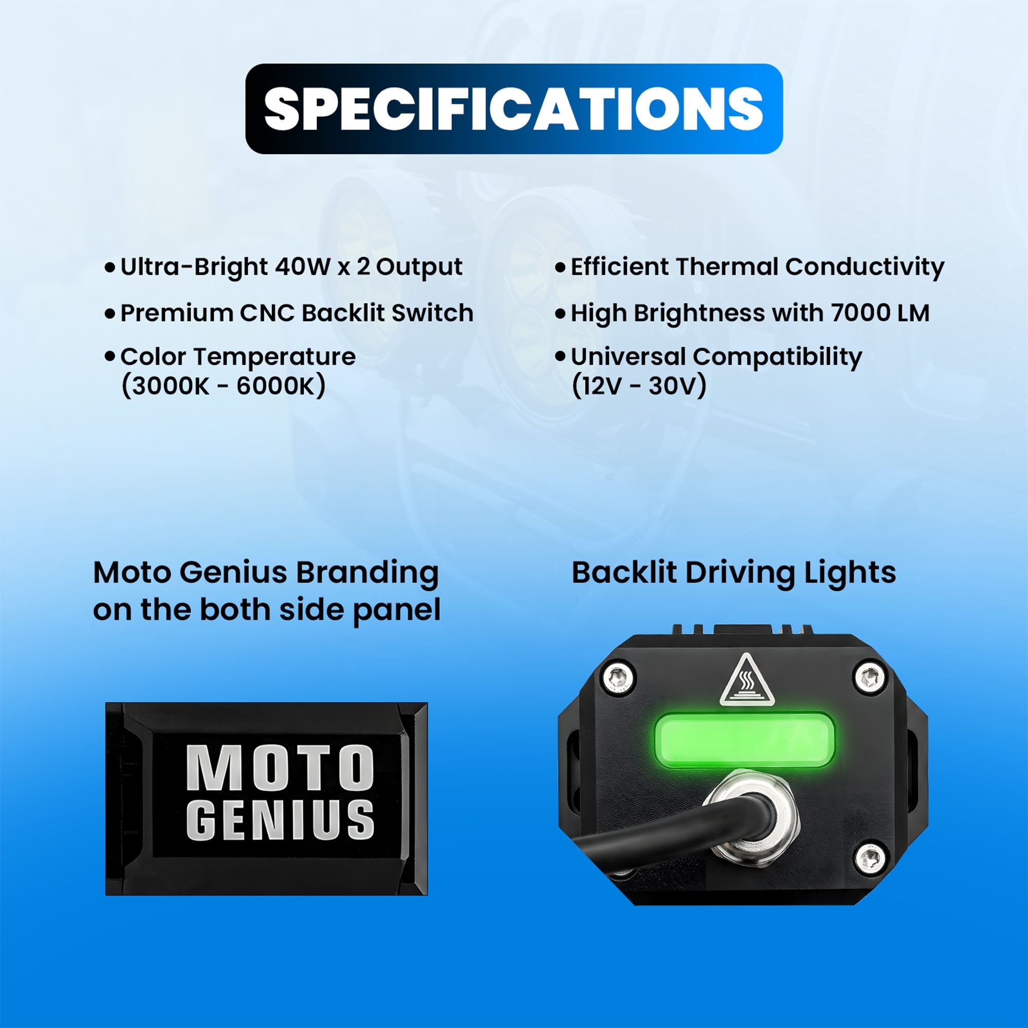 MK07 WITH HARNESS 80W piece High-Performance LED Auxiliary Fog Light | Single Lens | Yellow Low Beam & White High Beam | With Wiring Harness & Switch(Pack of 2) (MGF3) - Moto Genius